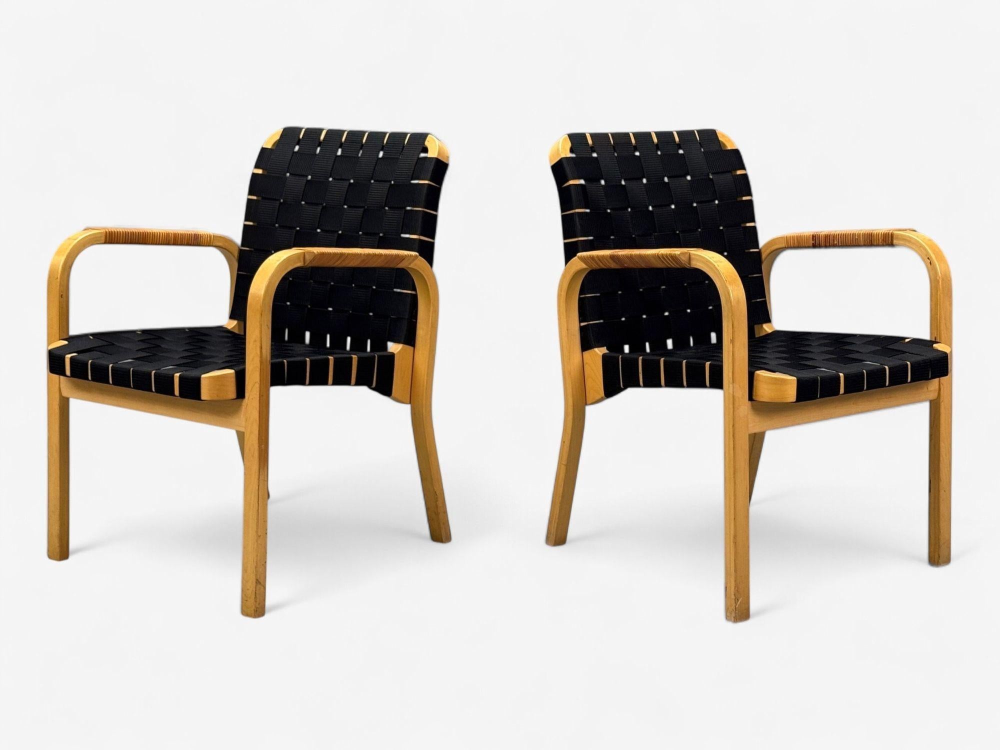 Alvar Aalto, Birch, Rattan, Black Linen Webbing, Armchairs, Finland, 1980s In Good Condition For Sale In Manhasset, NY