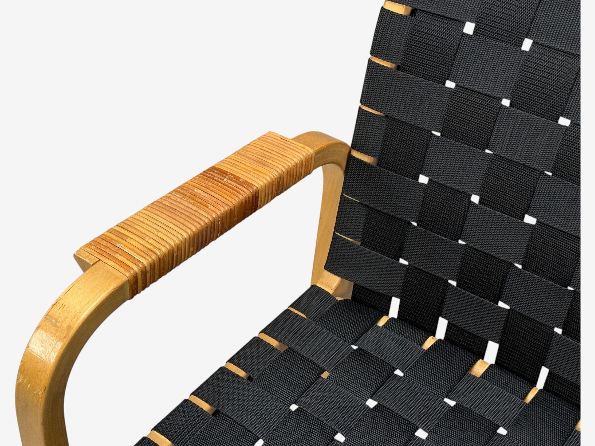 Late 20th Century Alvar Aalto, Birch, Rattan, Black Linen Webbing, Armchairs, Finland, 1980s For Sale