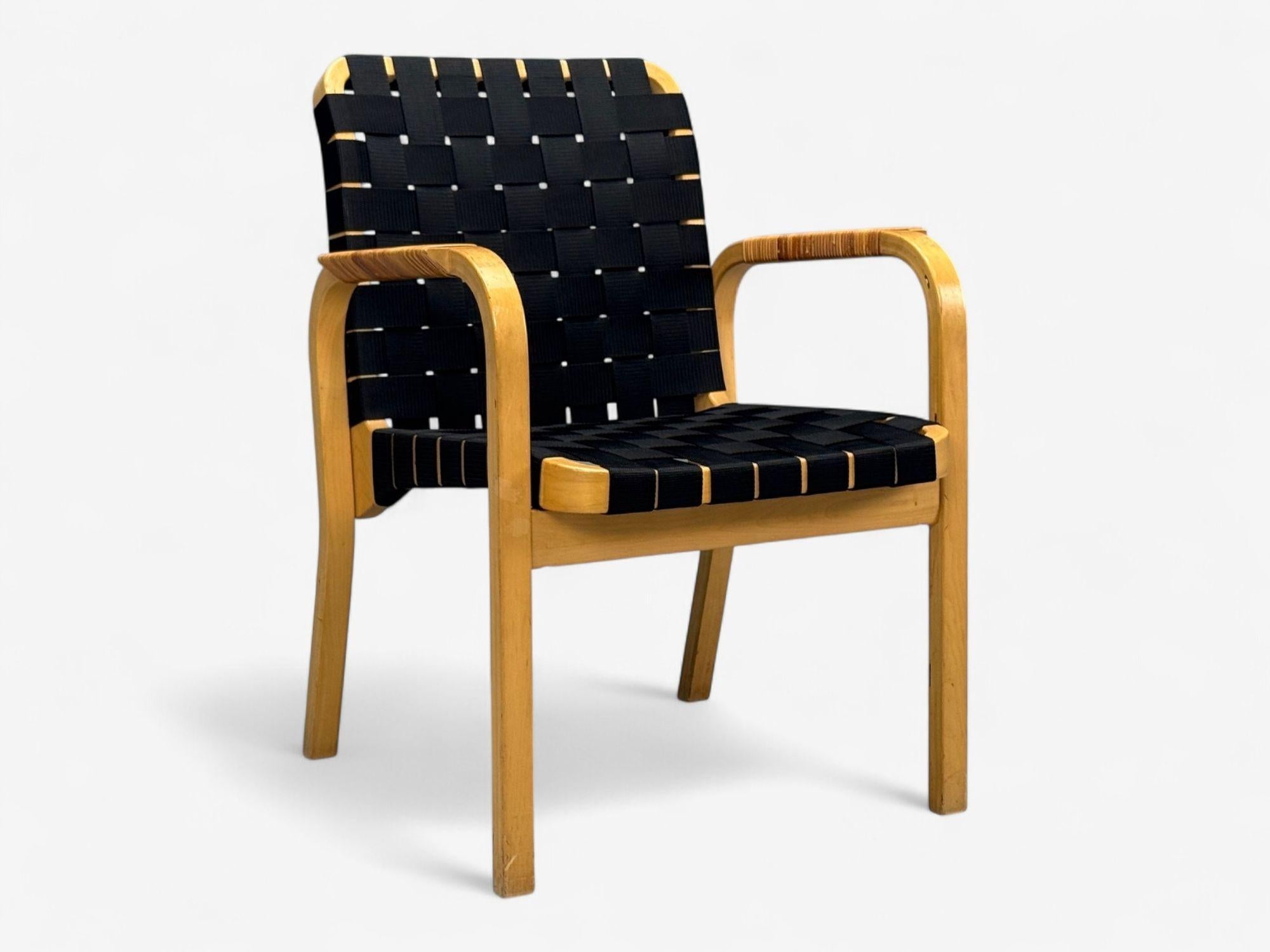 Alvar Aalto, Birch, Rattan, Black Linen Webbing, Armchairs, Finland, 1980s For Sale 1