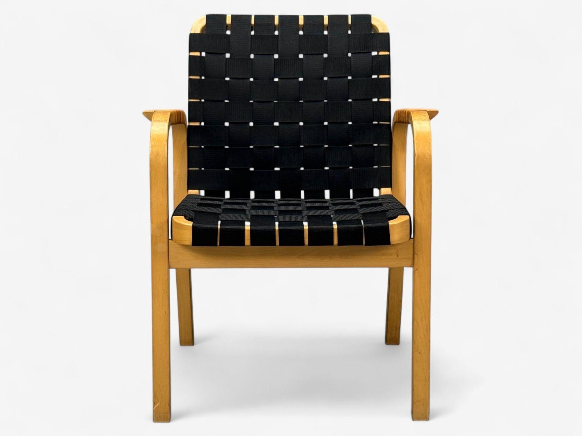 Alvar Aalto, Birch, Rattan, Black Linen Webbing, Armchairs, Finland, 1980s For Sale 2
