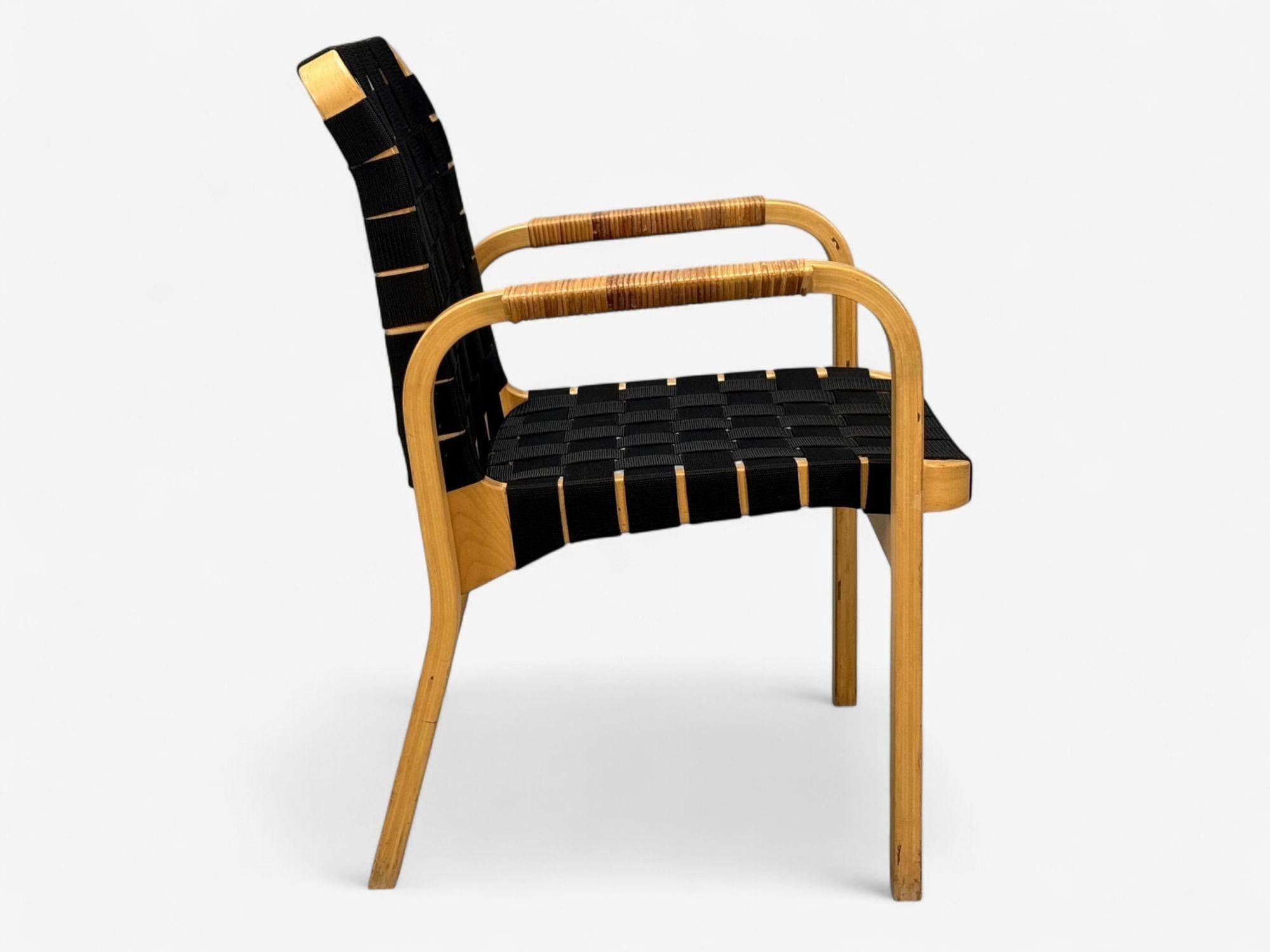 Alvar Aalto, Birch, Rattan, Black Linen Webbing, Armchairs, Finland, 1980s For Sale 3