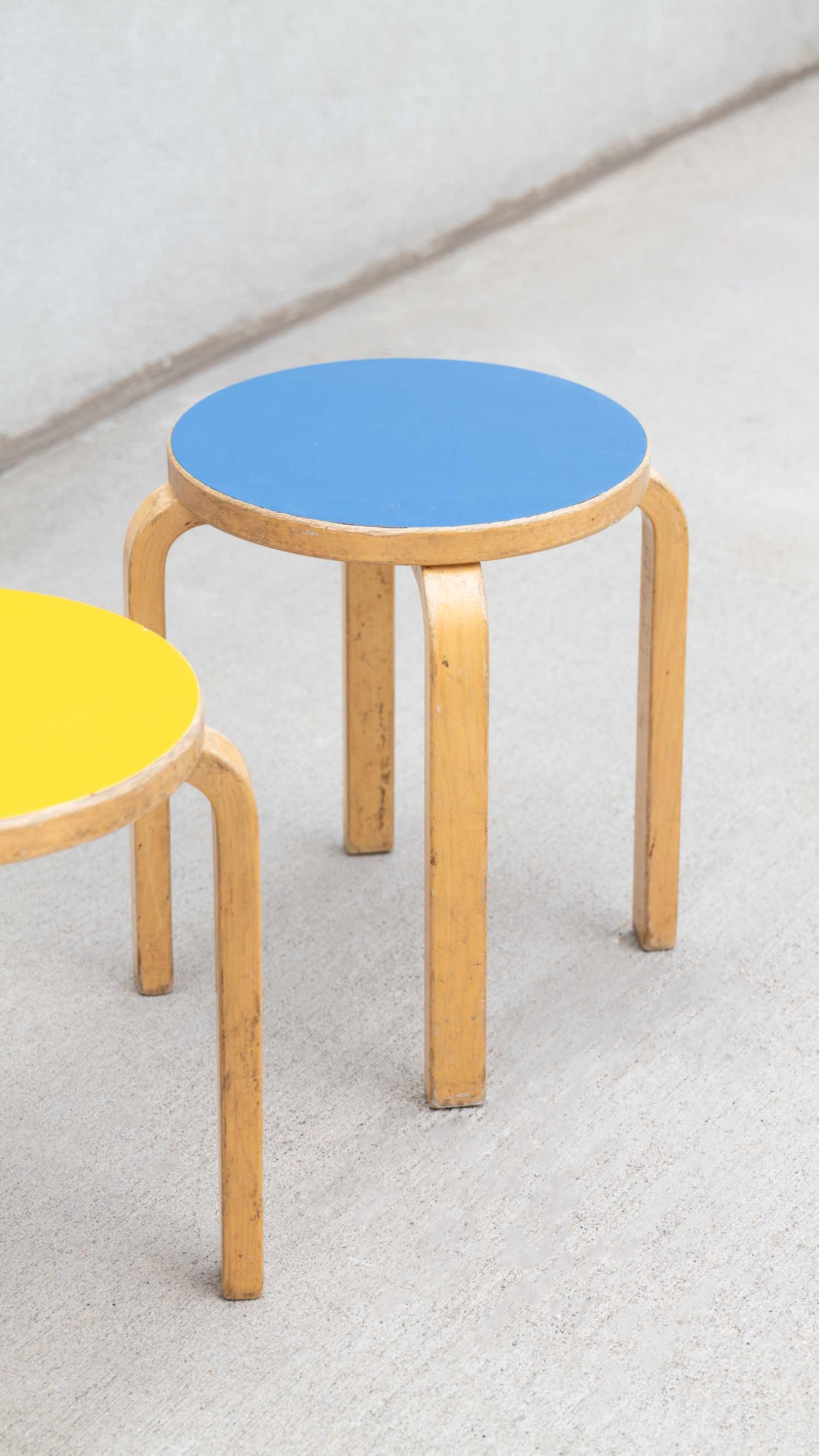 Mid-Century Modern Alvar Aalto Blue Linoleum Stool E60 (four legged) for Artek c.1960s For Sale