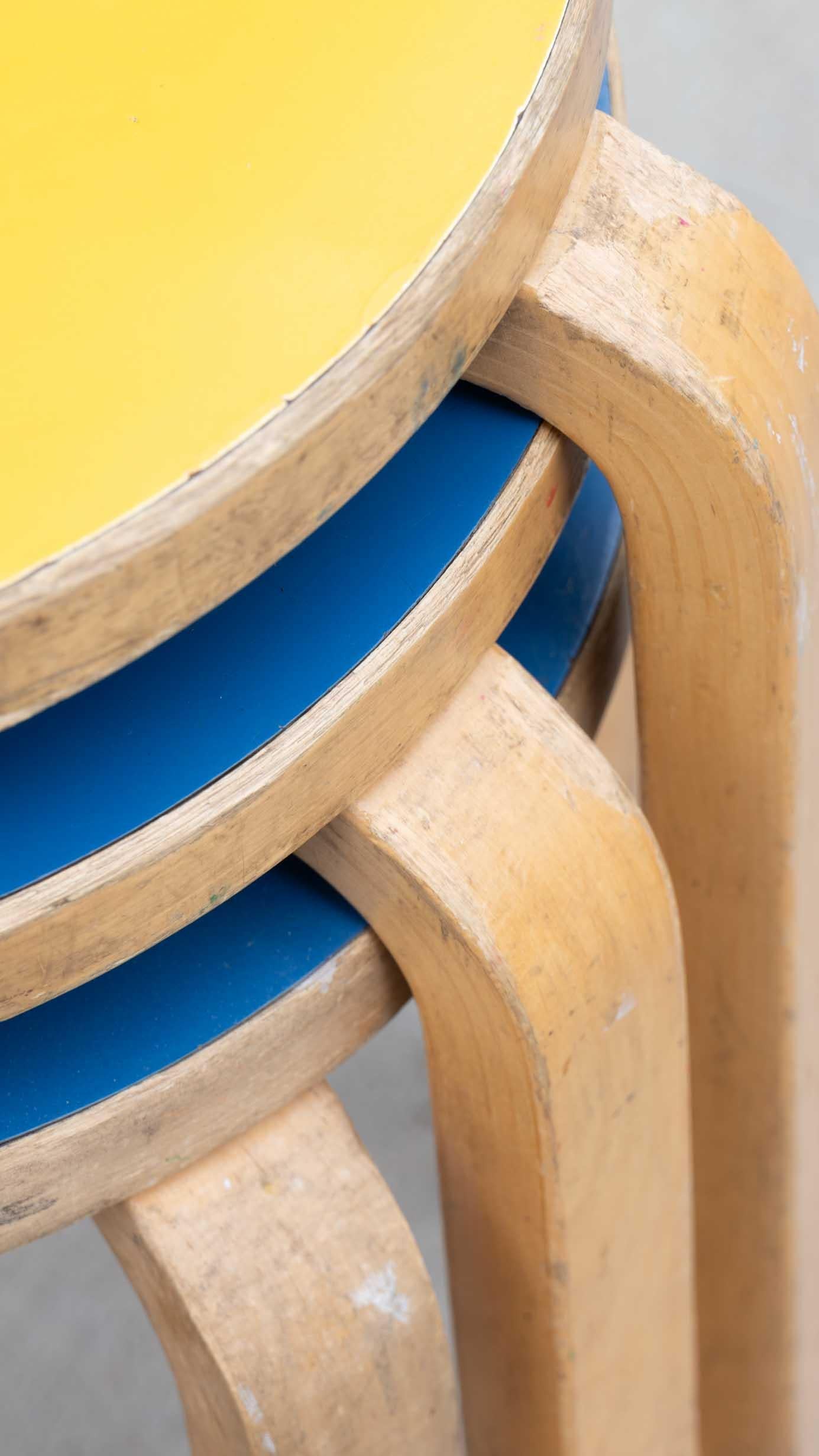 Finnish Alvar Aalto Blue Linoleum Stool E60 (four legged) for Artek c.1960s For Sale