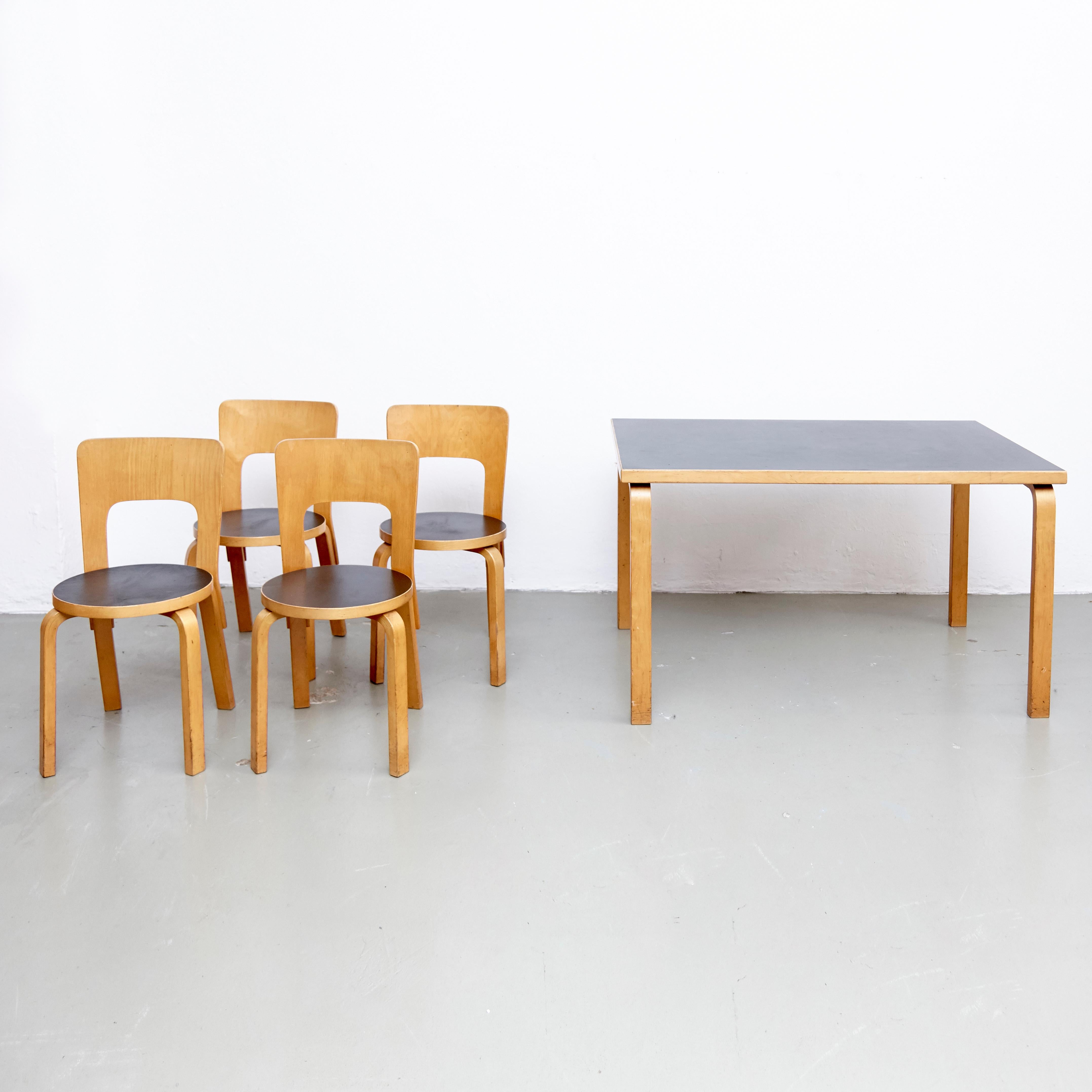 Finnish Alvar Aalto Dining Table and Four Chairs, circa 1970