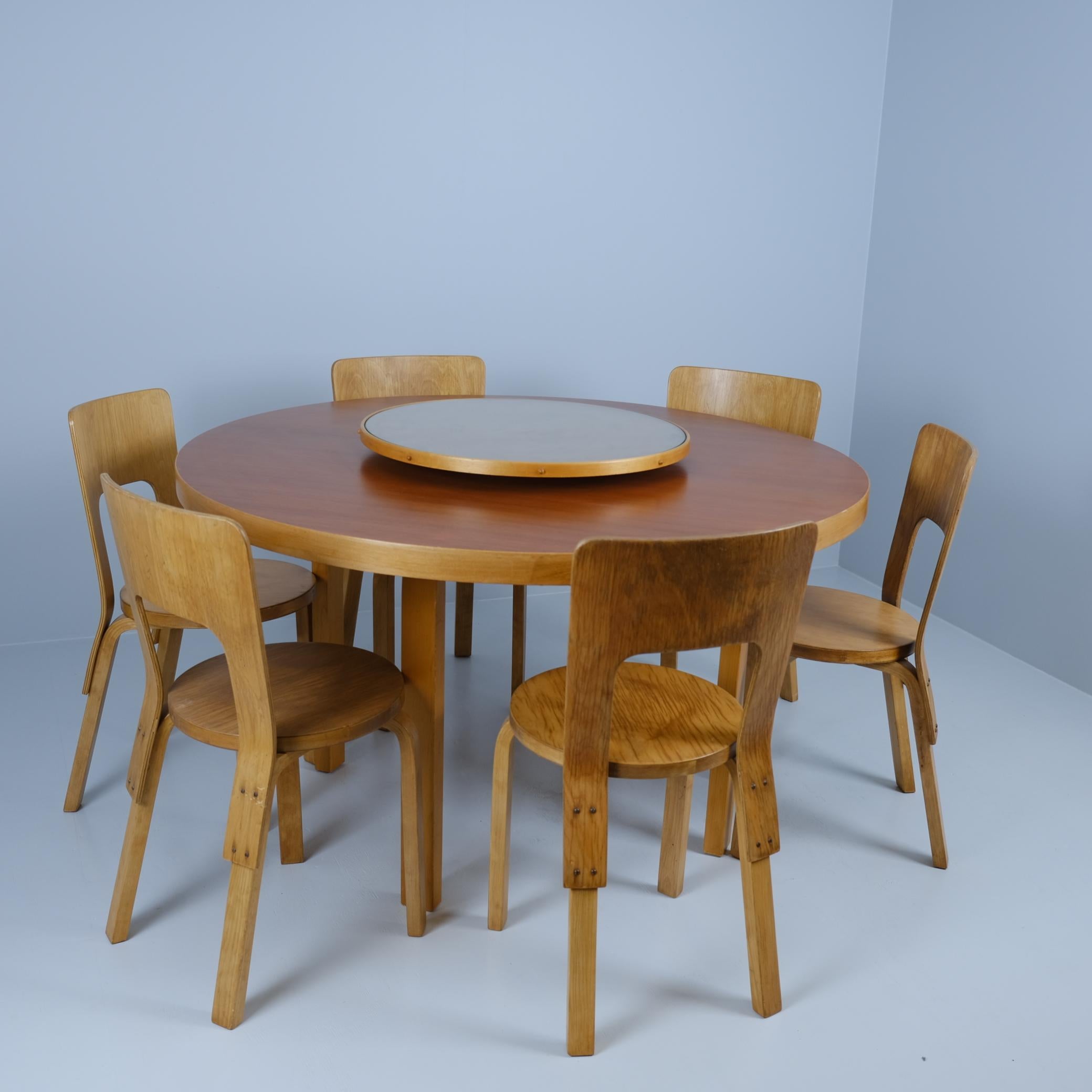 Alvar Aalto Dining Table with Lazy Susan B91 and 6 Chairs Model 66, Artek, 1940s For Sale 1