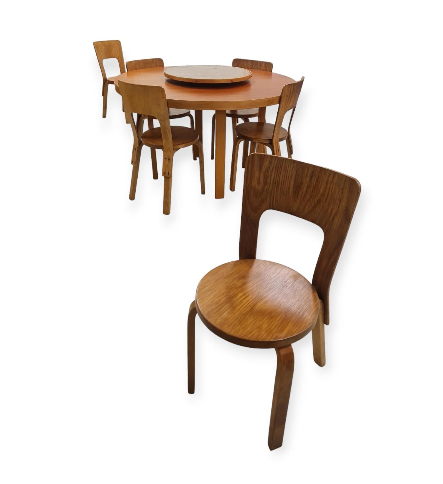 Alvar Aalto Dining Set with Lazy Susan and 6 Model 66 chairs, 1940s For Sale 4