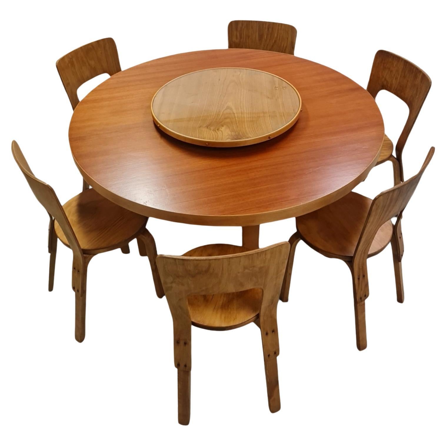 Esszimmer-Set von Alvar Aalto mit Lazy Susan und 6 Stühlen Modell 66, 1940er Jahre