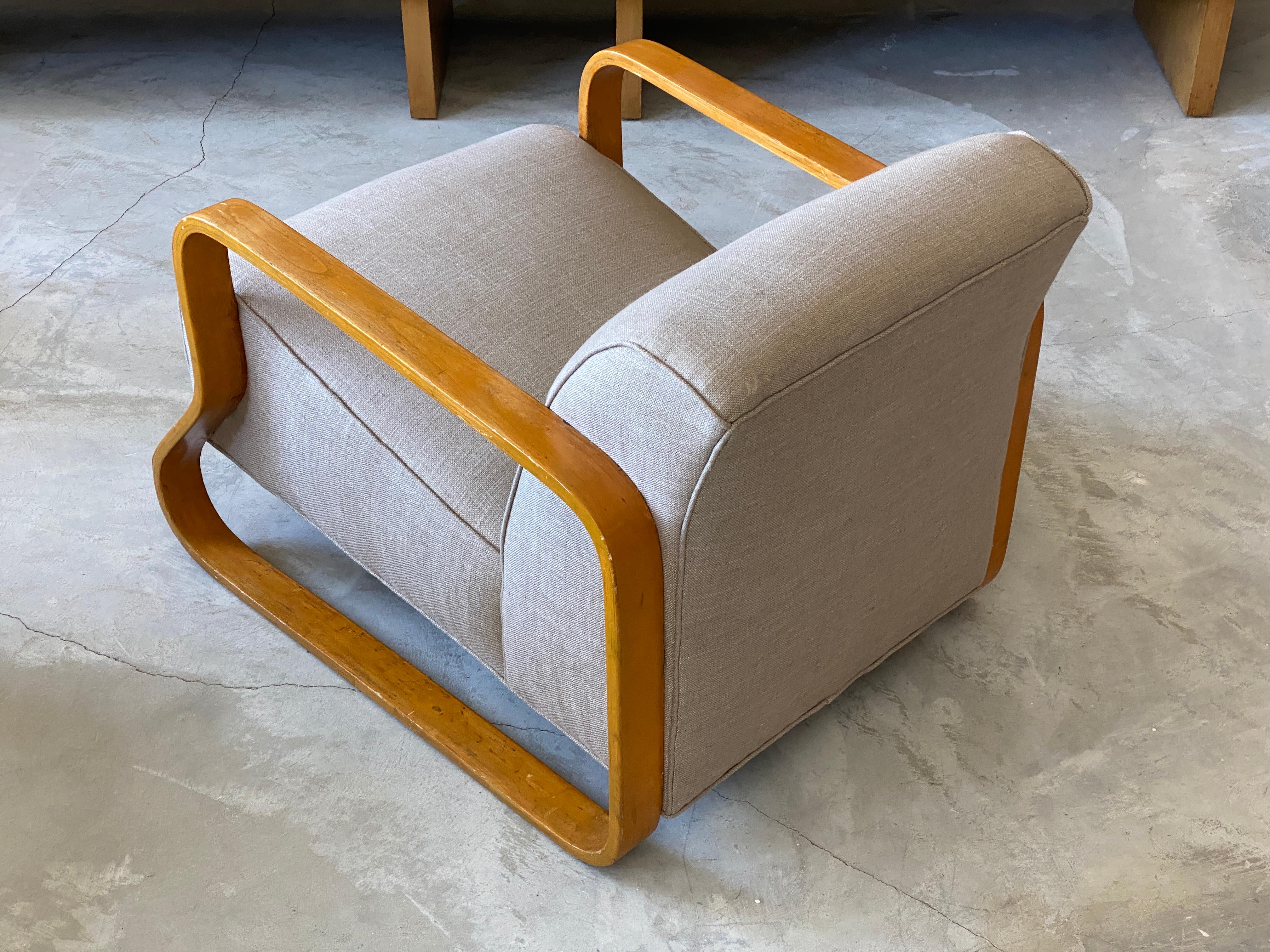 Finnish Alvar Aalto, Early Model 44 Lounge Chair, Birch, Fabric, Finmar Ltd, 1930s