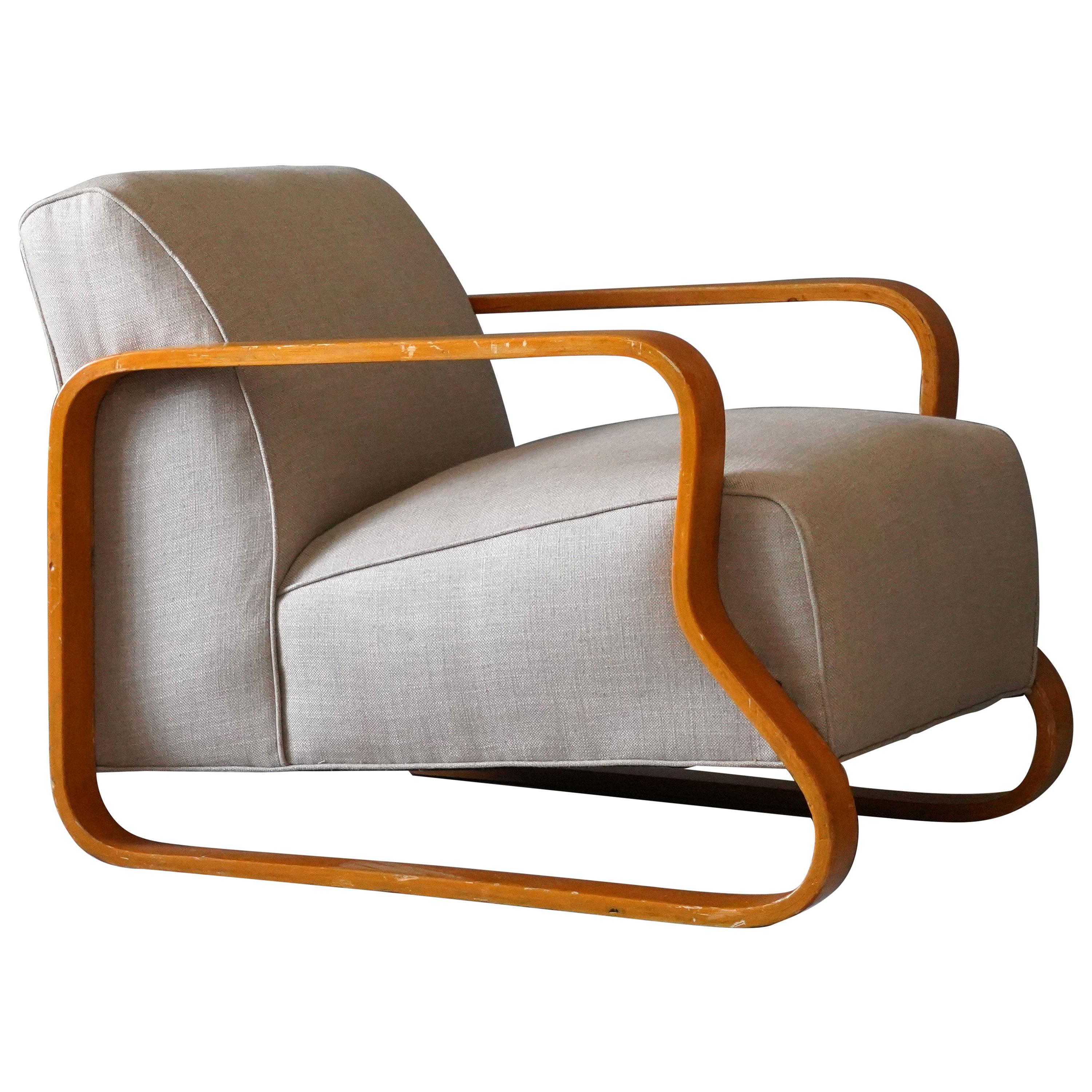 Alvar Aalto, Early Model 44 Lounge Chair, Birch, Fabric, Finmar Ltd, 1930s