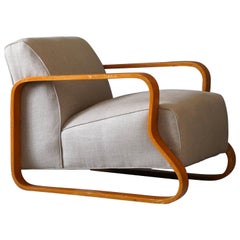 Alvar Aalto:: Frühes Modell 44 Lounge Chair:: Birke:: Stoff:: Finmar Ltd:: 1930er Jahre
