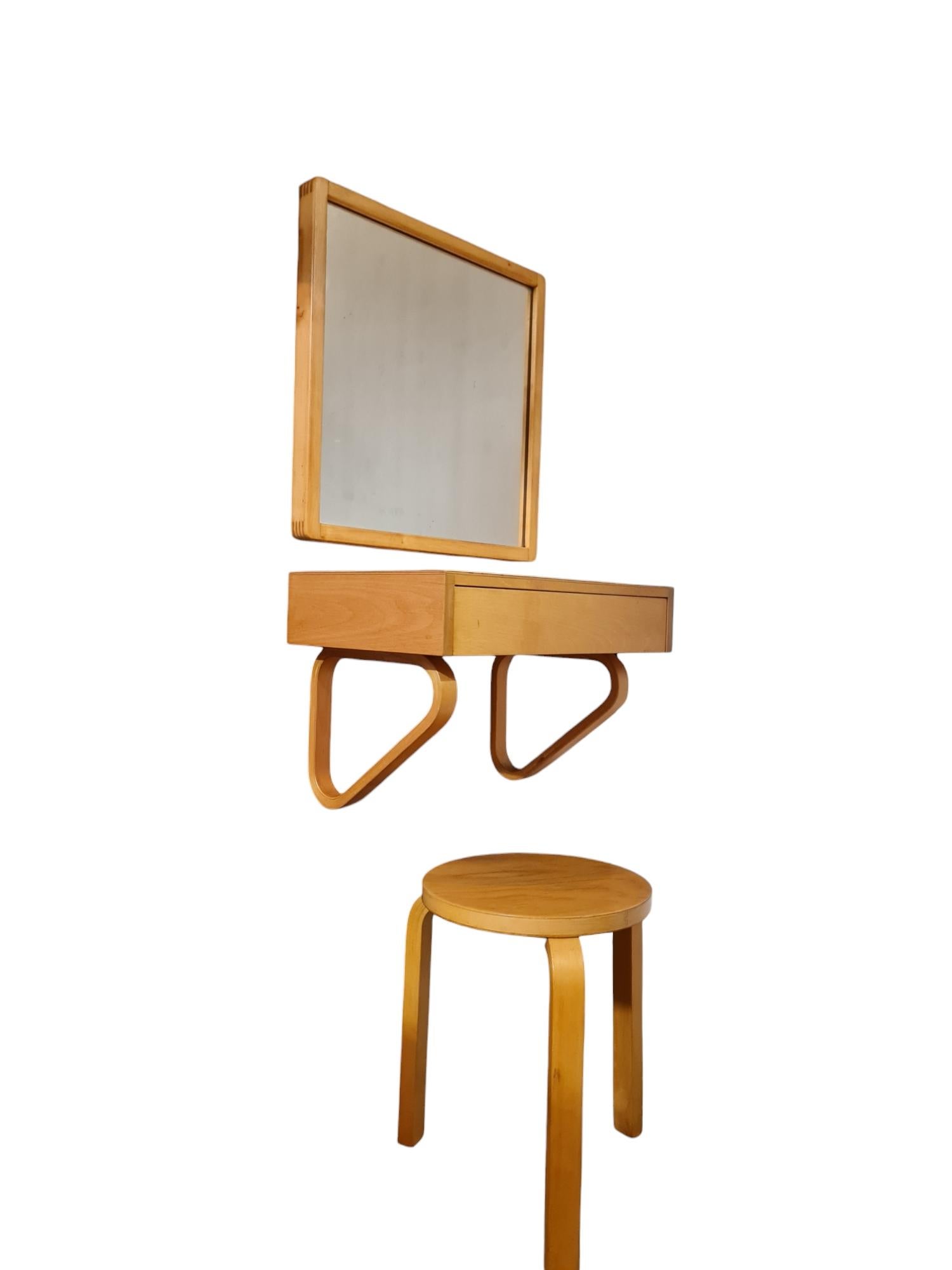 Alvar Aalto Entryway Console Mirror and Stool Set, 1950s for Artek For Sale 11