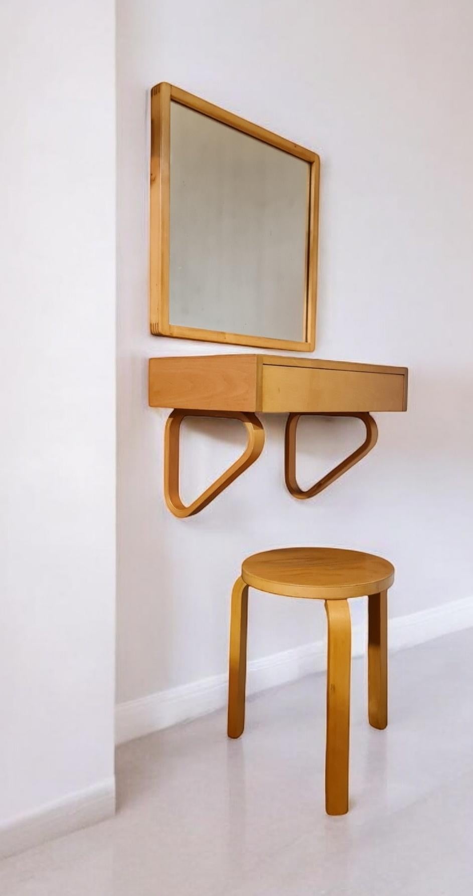 Alvar Aalto Entryway Console Mirror and Stool Set, 1950s for Artek For Sale 12