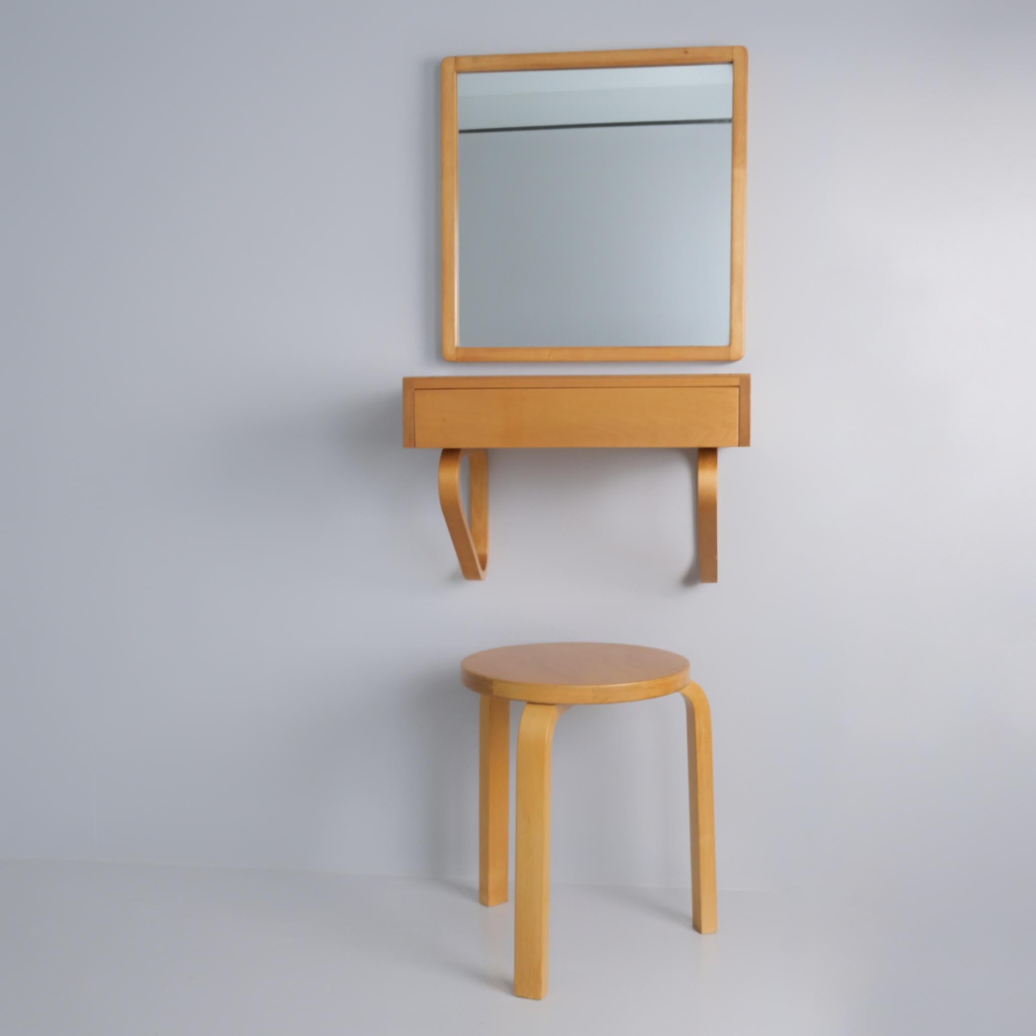 Mid-Century Modern Alvar Aalto Entryway Console Mirror and Stool Set, 1950s for Artek For Sale