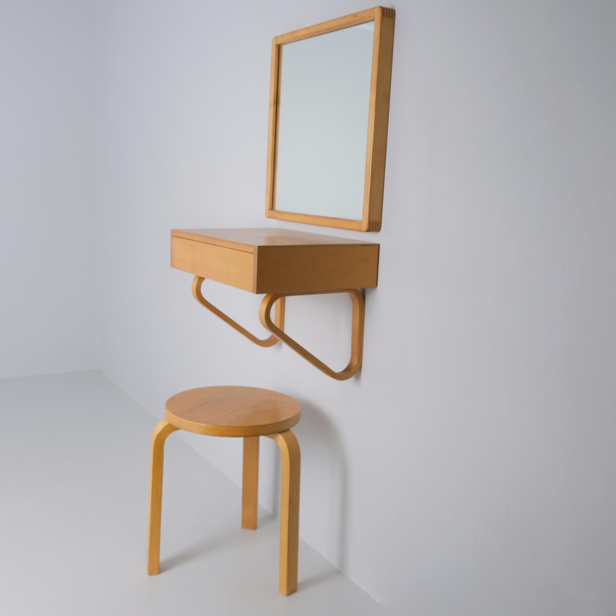 Finnish Alvar Aalto Entryway Console Mirror and Stool Set, 1950s for Artek For Sale