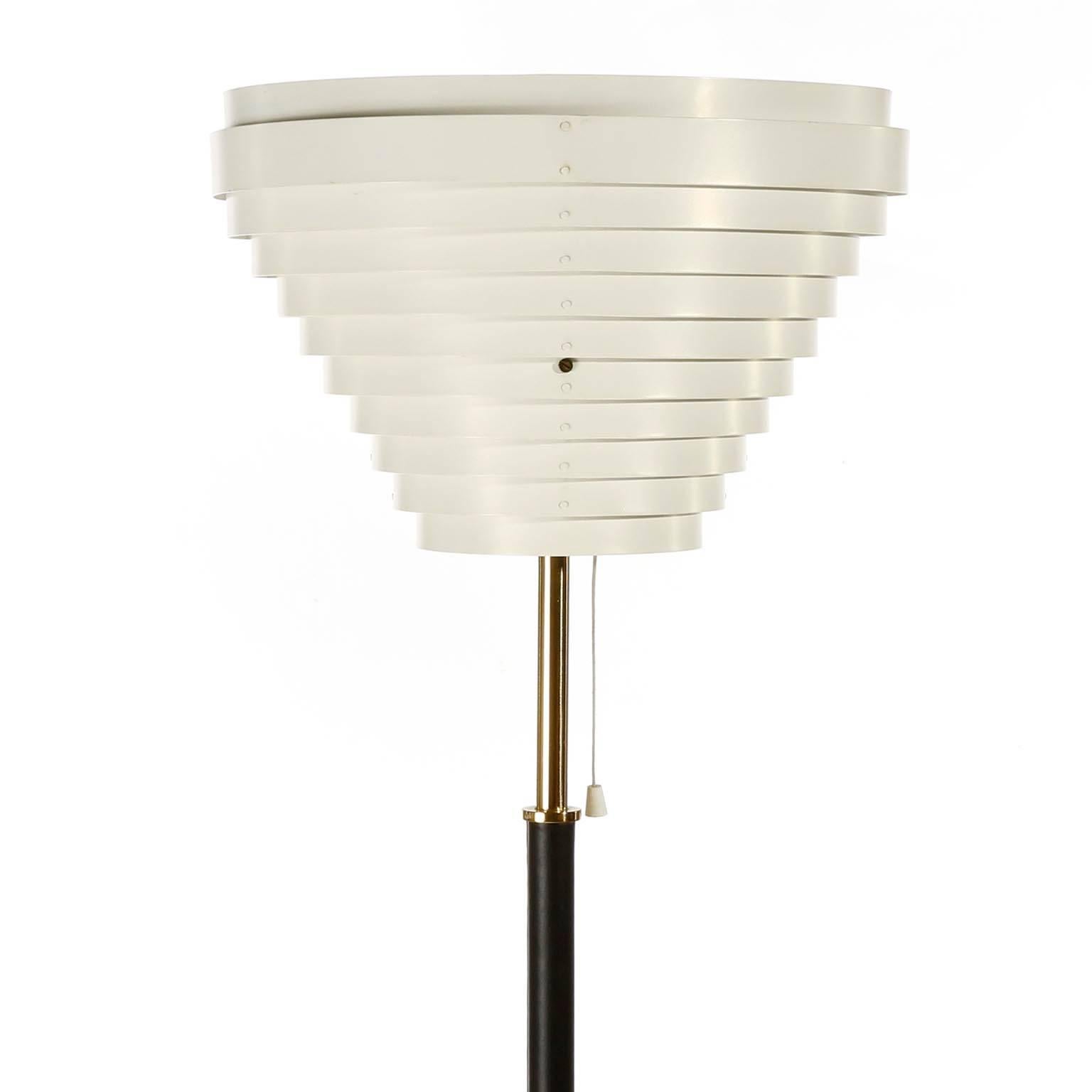 Scandinavian Modern Alvar Aalto Floor Lamp Angel Wing A805, Black Leather Brass White Metal, 1954