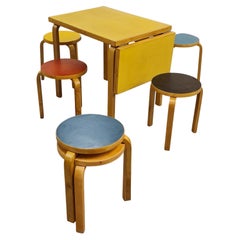 Vintage Alvar Aalto Foldable Table and 6 Stools, Artek