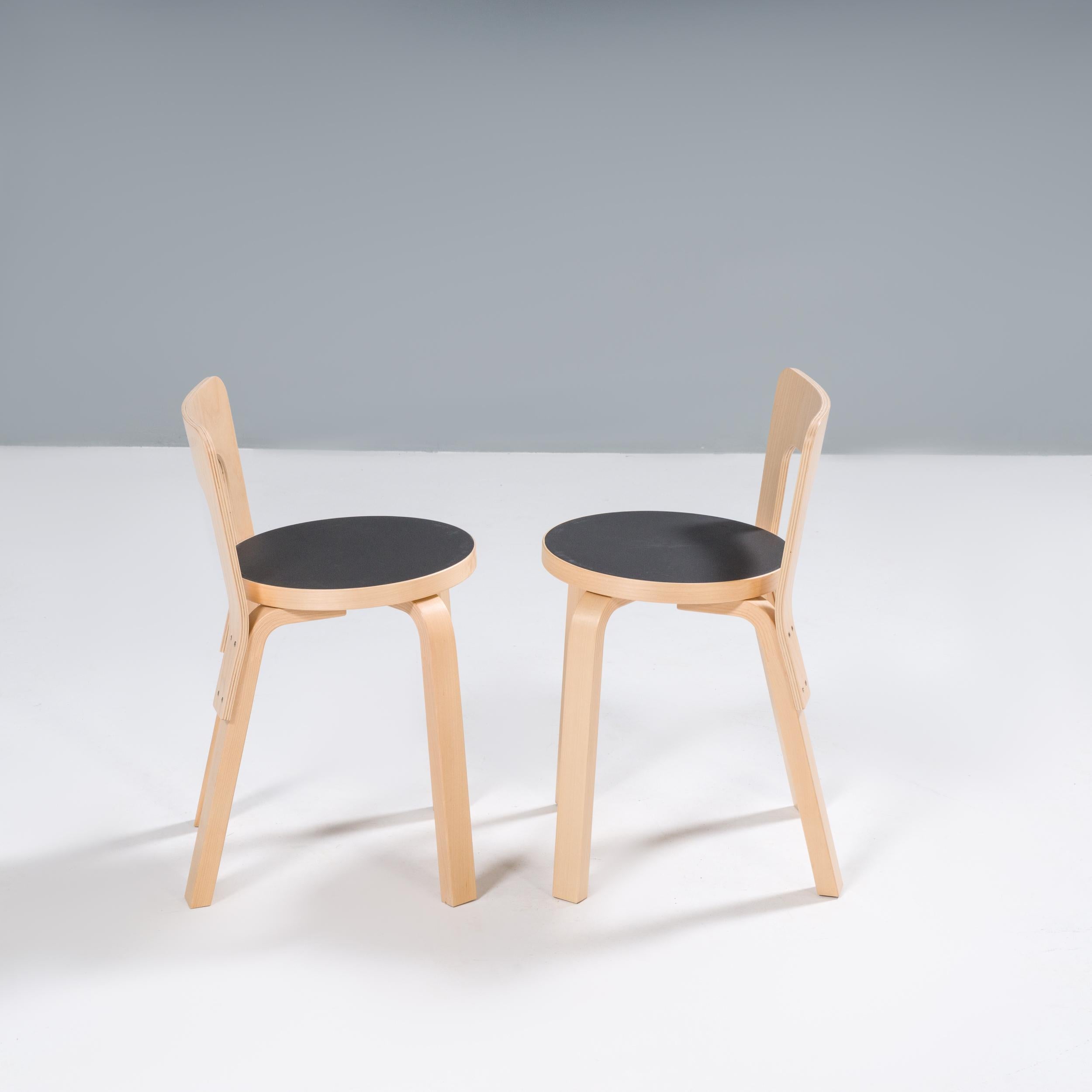 Finnish Alvar Aalto for Artek Birch & Black Linoleum 65 Dining Chairs, Set of 2