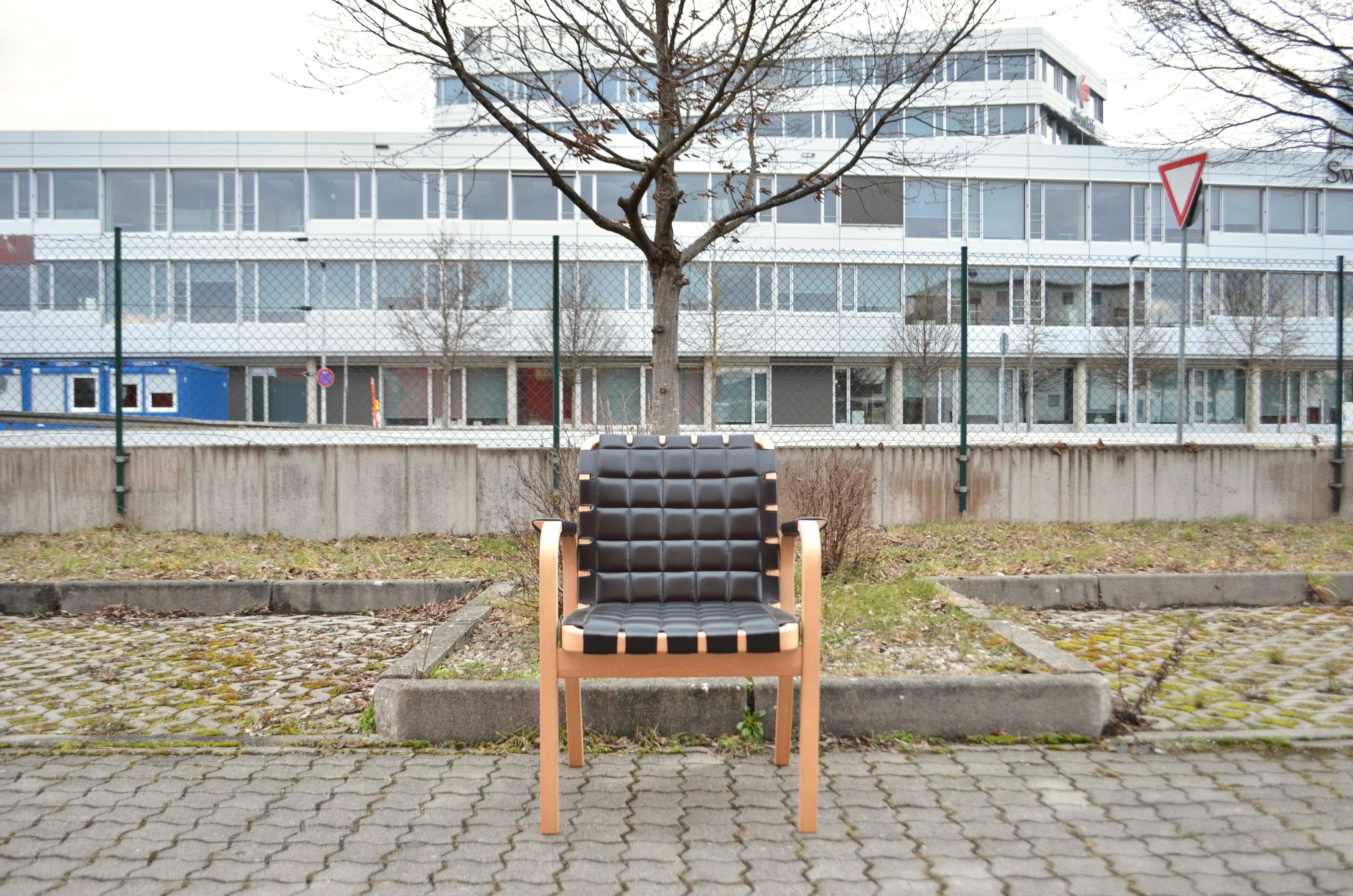 Scandinavian Modern Alvar Aalto for Artek Model 45 Armchair Chair Black Leather 1 of 6 For Sale