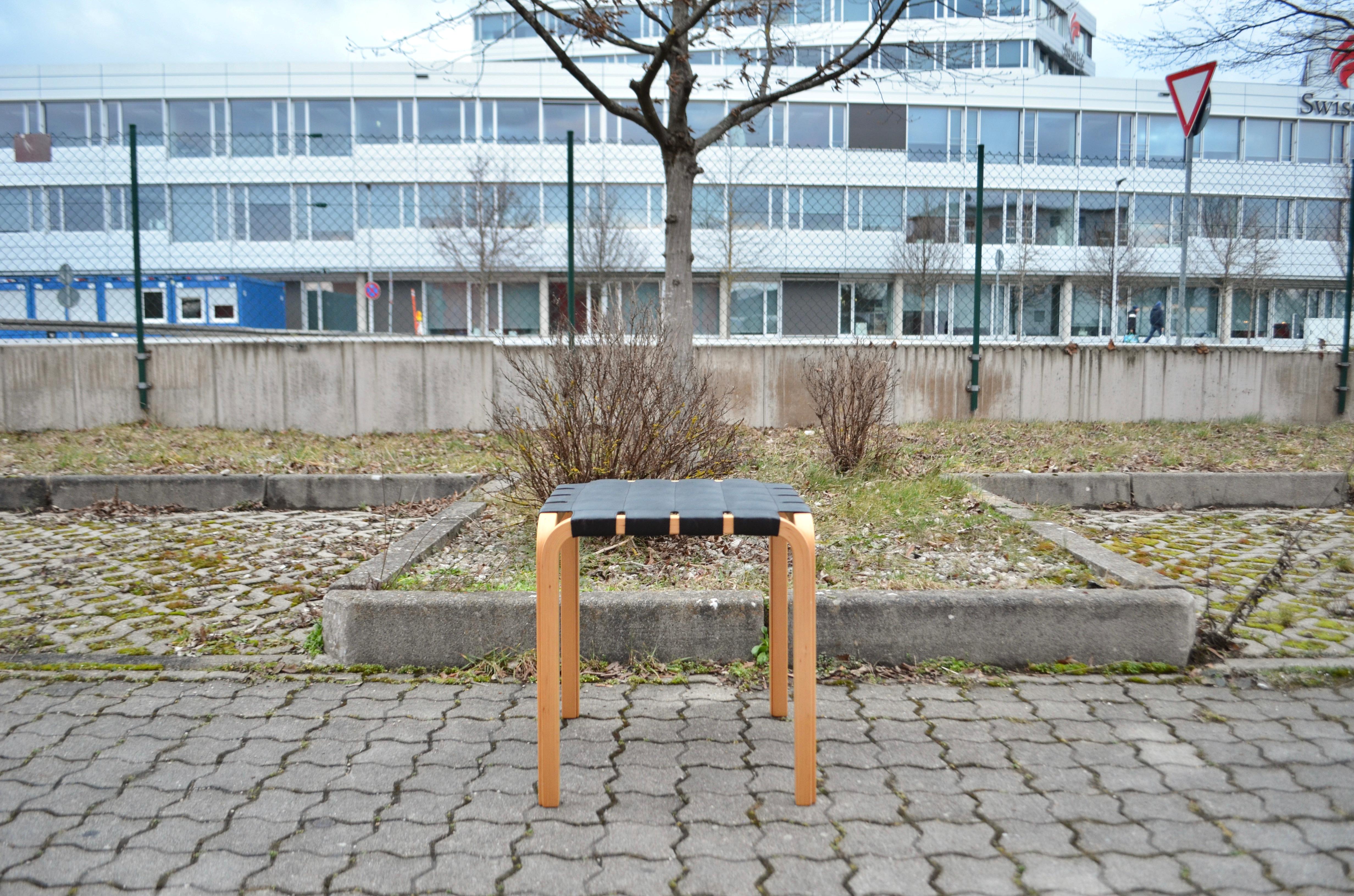 Alvar Aalto for Artek Model Y61 Stool Chair Black Leather 1 of 2 For Sale 1