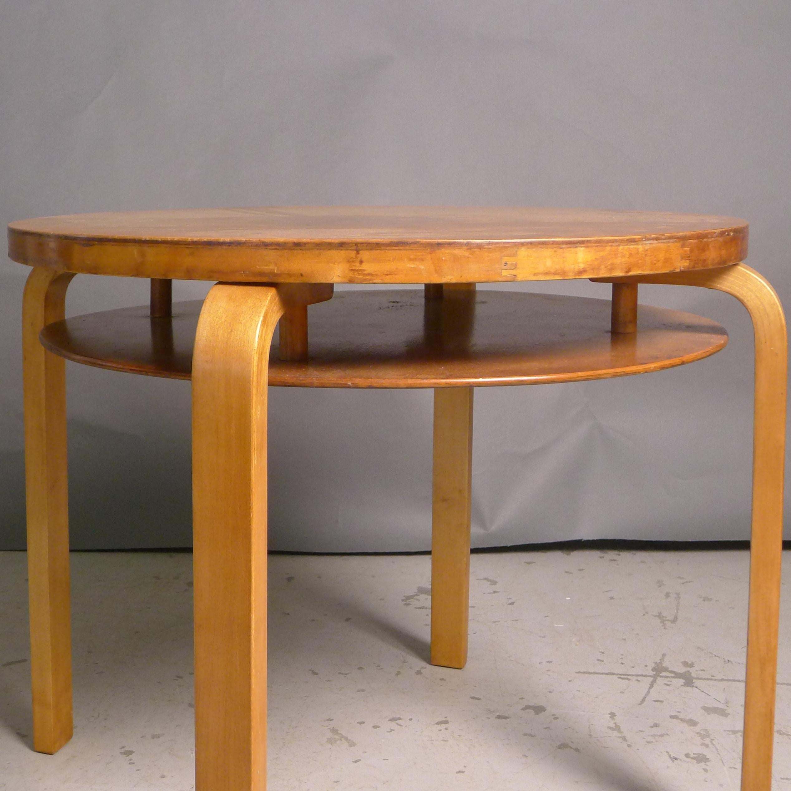 Alvar Aalto (Finland 1898-1976)
Two-Tier Side Table, Model A71, first production, circa 1935
designed by Alvar Aalto and produced in Finland by Huonekalu-ja Rakennustyötehdas Oy Turku for Finmar Ltd, London. 

Karelian birch veneered plywood top