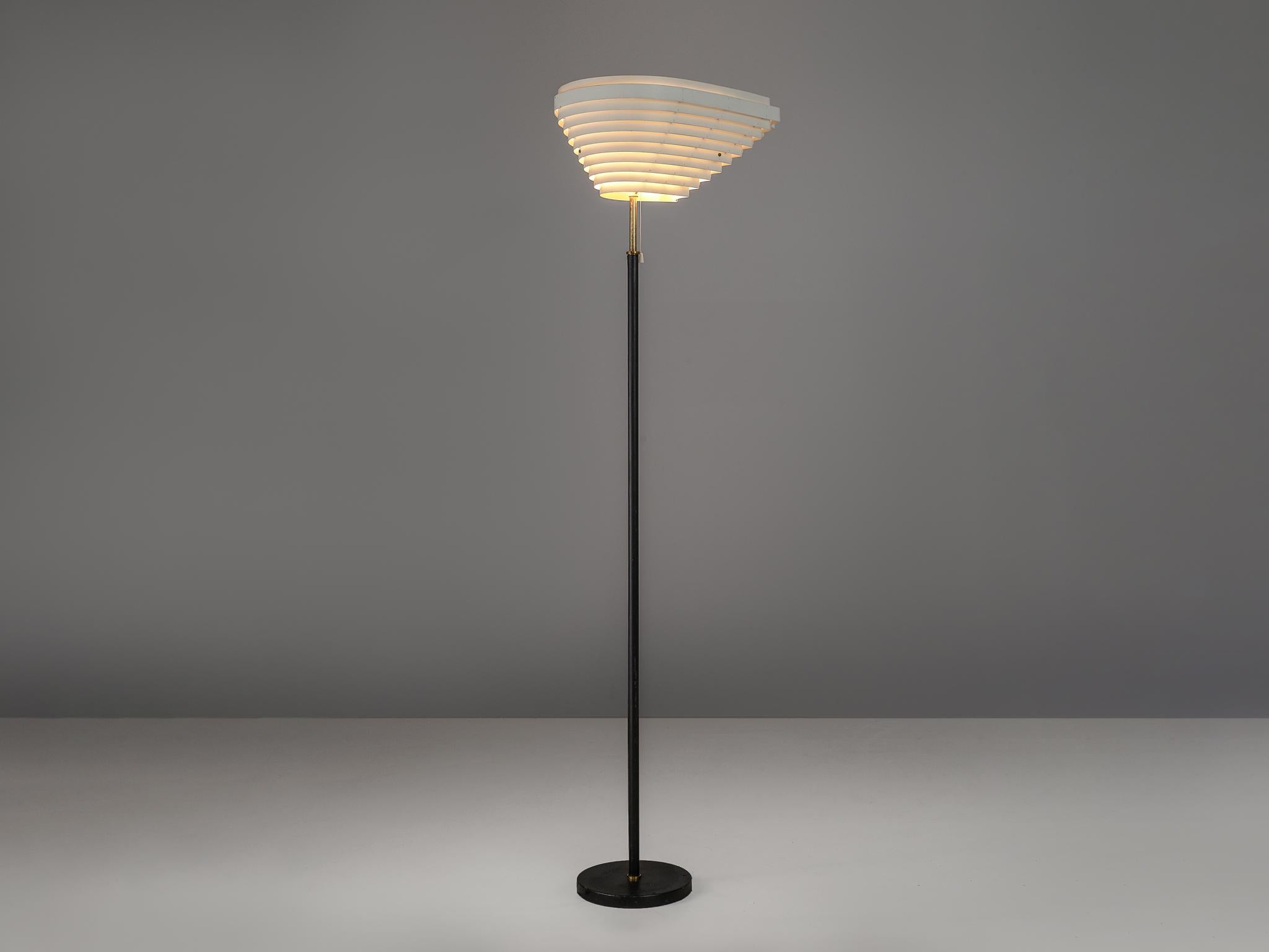 Alvar Aalto for Valaistustyö, floor lamp 'A805', metal, leather and brass, Finland, 1954

Early Angel's Wing floor lamp by Alvar Aalto. Originally designed for the National Pensions Institute in Helsinki. The louvered shade of this floor lamp is