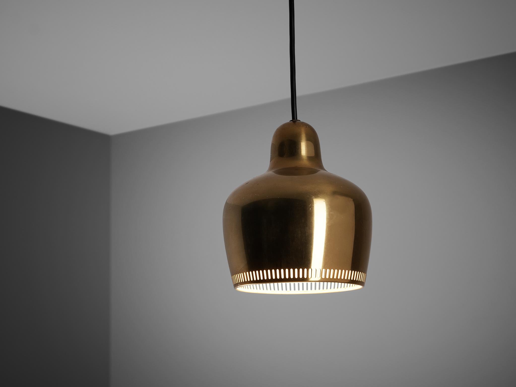 Pendant lamp, brass, Finland, design 1936.

A brass pendant designed by Finnish designer and architect Alvar Aalto and manufactured by Artek. This specific 'Golden Bell' pendant lamp was designed for the interior of the Savoy restaurant in