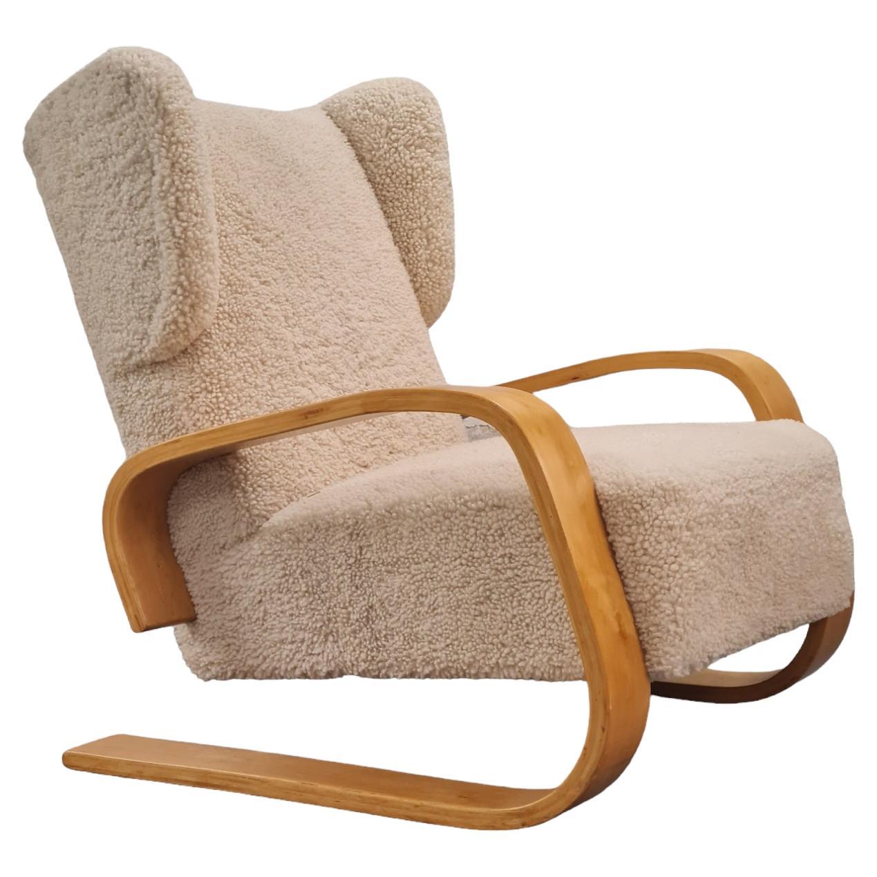Alvar Aalto Highback "Tank" Arm Chair in Sheepskin A 38, Artek 1940s