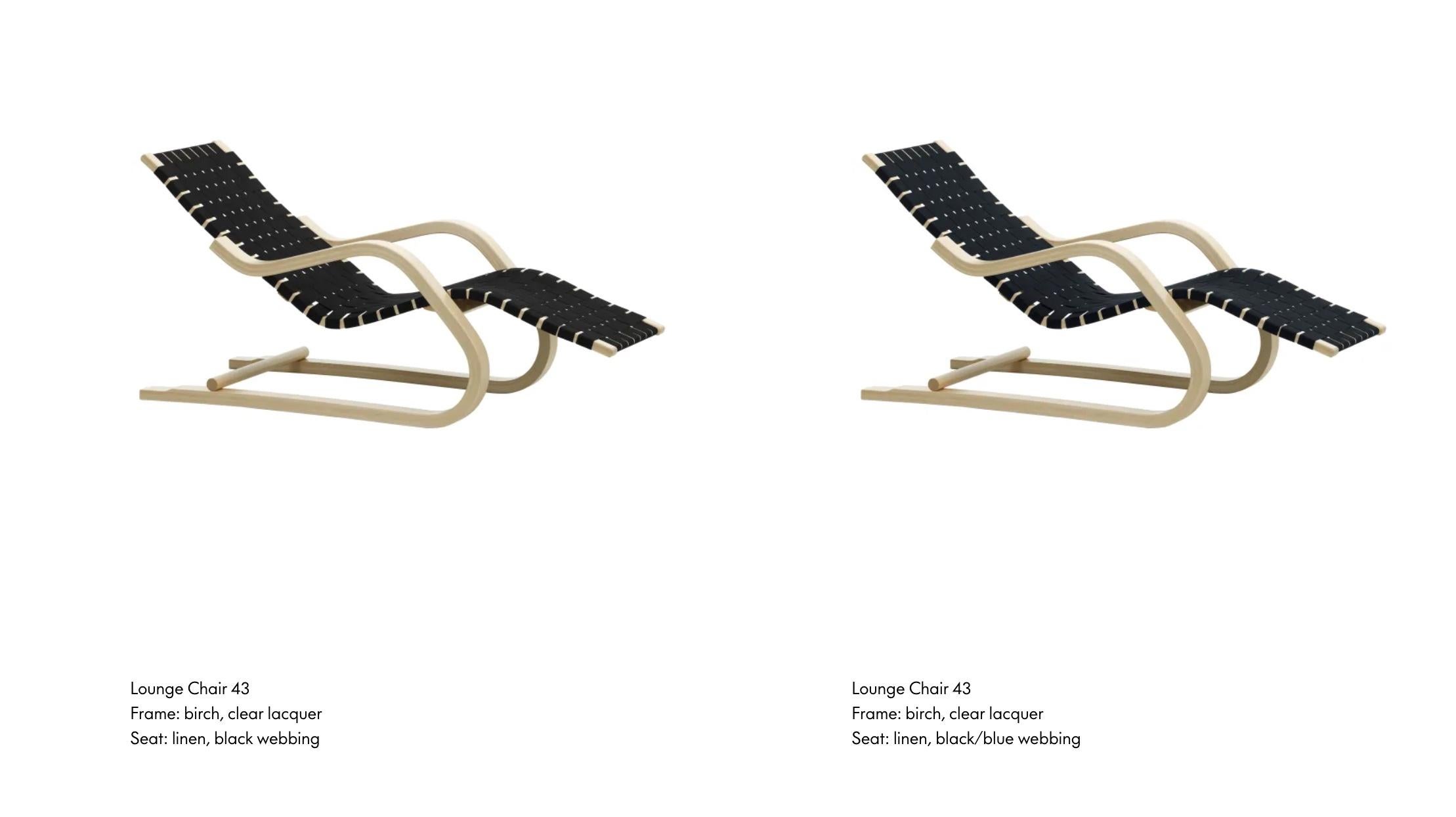 Lin Chaise longue '43' 1937 d'Alvar Aalto+Aalto en bouleau et sangles en lin noir en vente