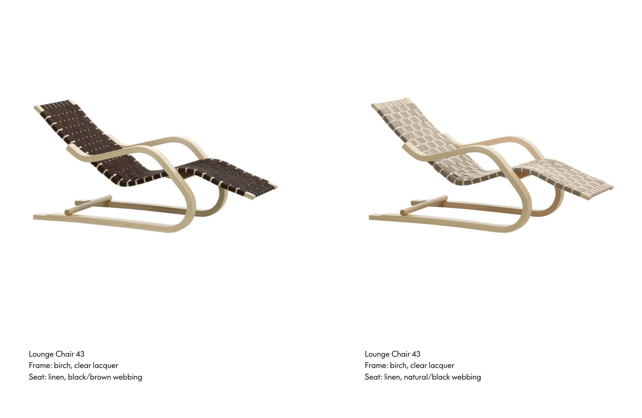 Chaise longue '43' 1937 d'Alvar Aalto+Aalto en bouleau et sangles en lin noir en vente 1
