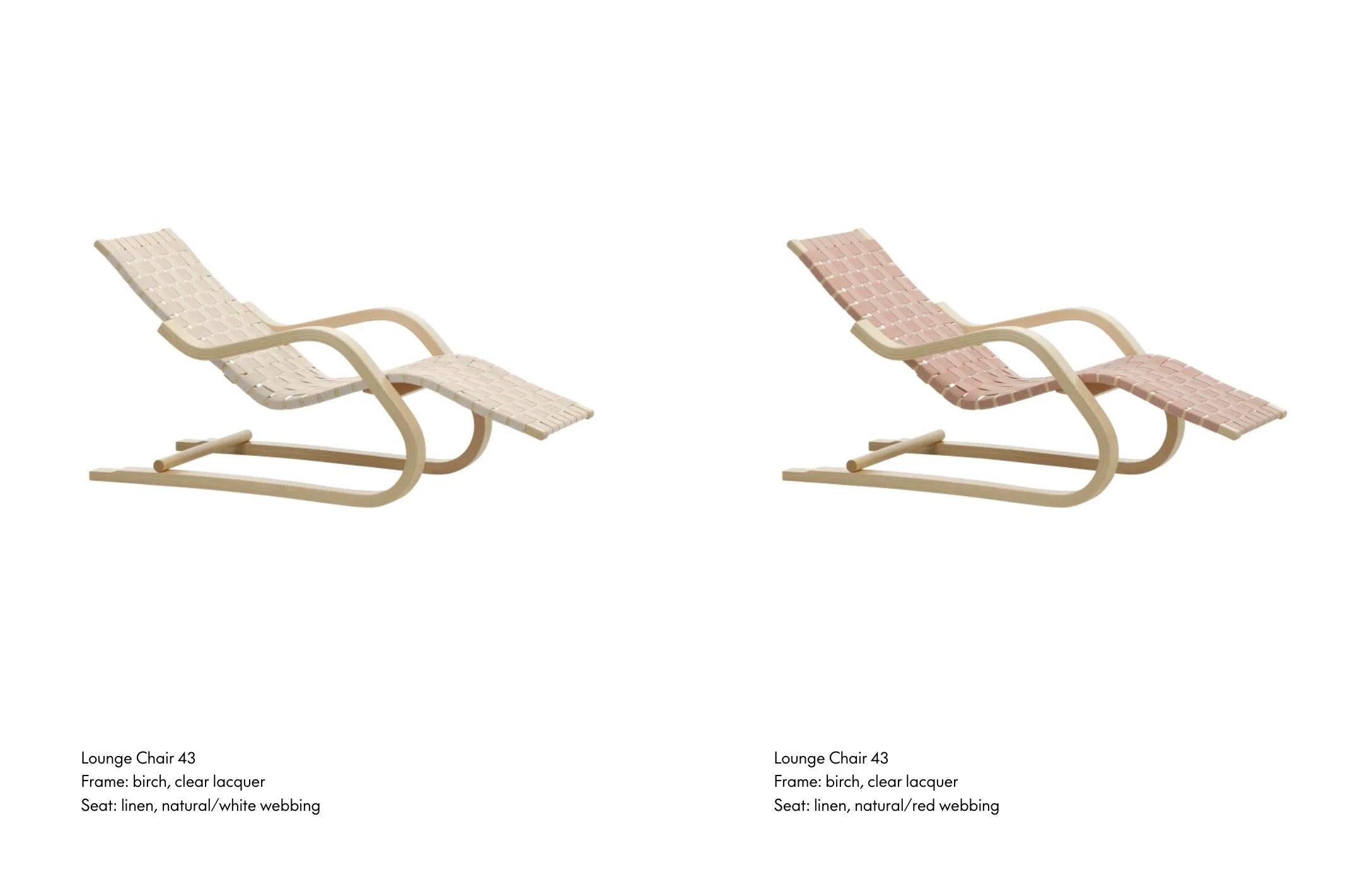 Chaise longue '43' 1937 d'Alvar Aalto+Aalto en bouleau et sangles en lin noir en vente 2