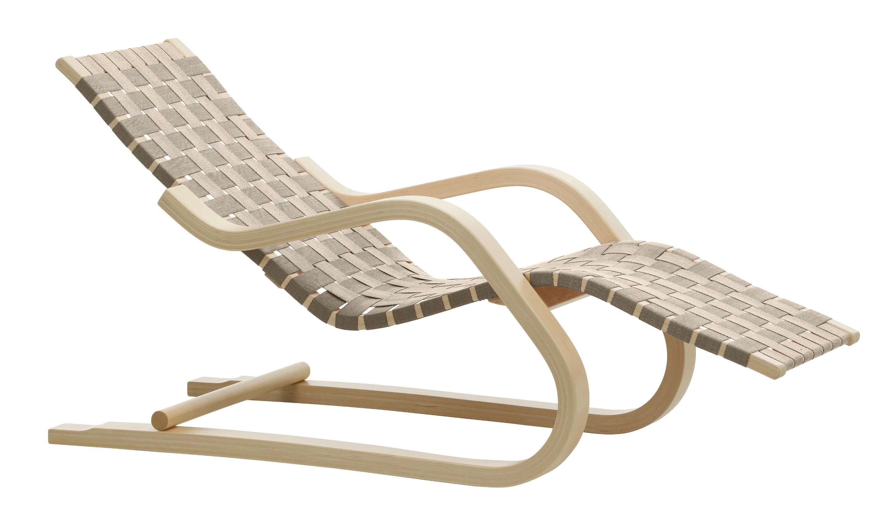 Chaise longue '43' 1937 d'Alvar Aalto en bouleau et tissu naturel / lin noir pour Artek. Nouveau, production en cours.  

L'étonnante Lounge Chair 43 explore les possibilités de fabrication du bois courbé. Il met en valeur la stabilité et la