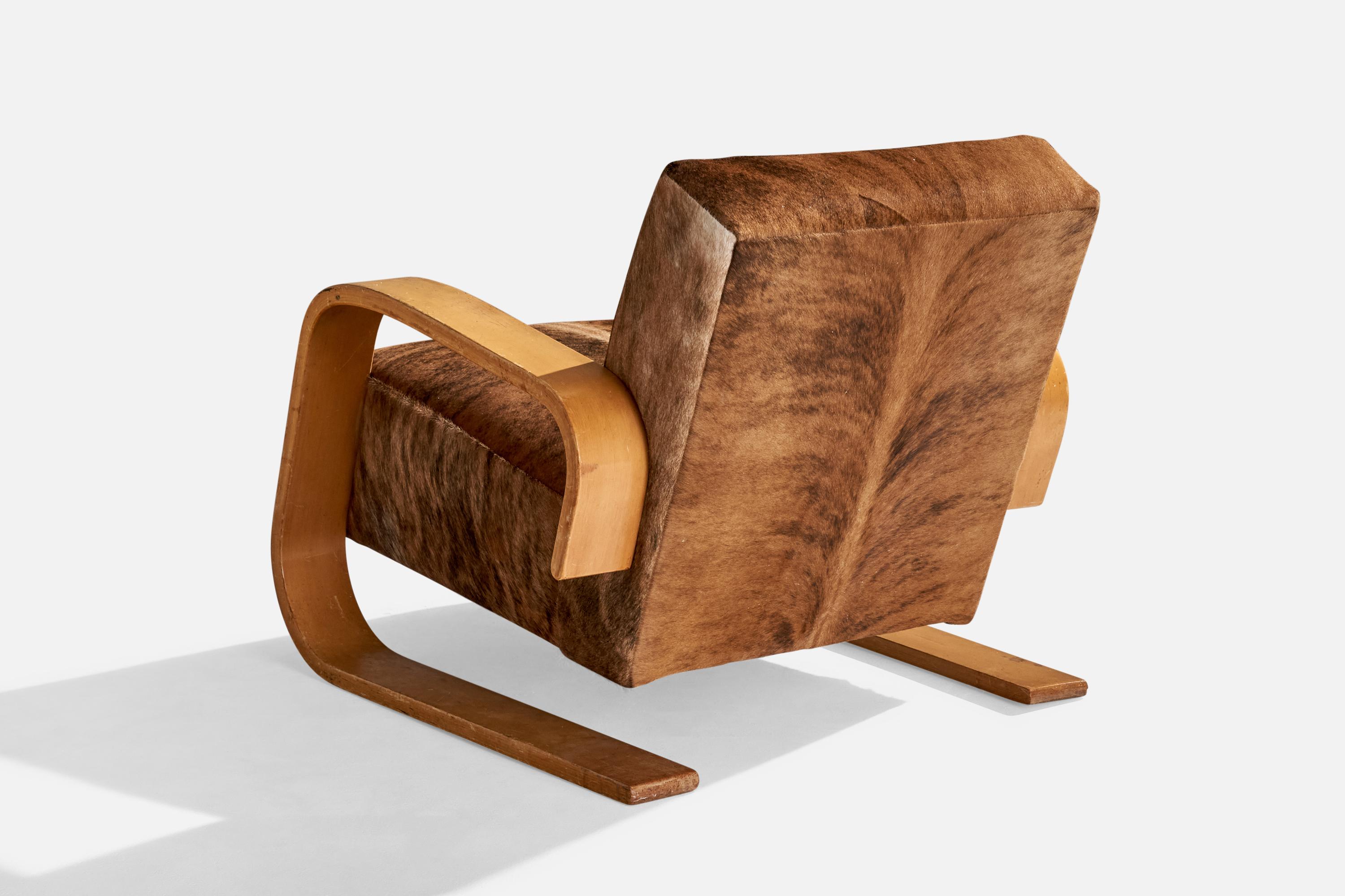 Alvar Aalto, Loungesessel, Birke, Rindsleder, Finnland, 1940 (Finnisch) im Angebot