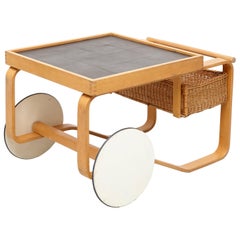 Alvar Aalto Mid-Century Modern Wood, Tiles and Rattan Tea Trolley Model 900