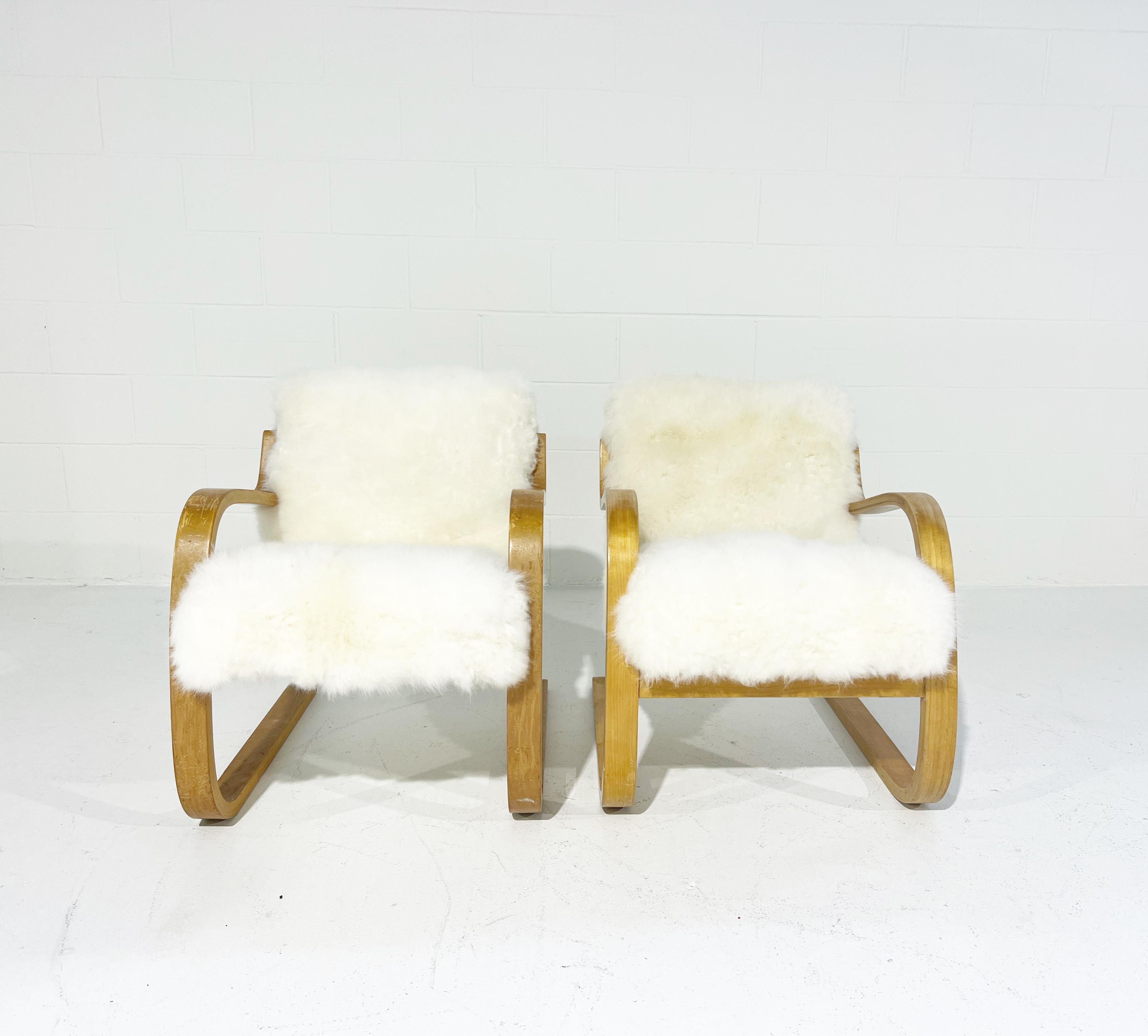 Scandinavian Modern Alvar Aalto Model 34/402 Chairs in Cashmere Shearling