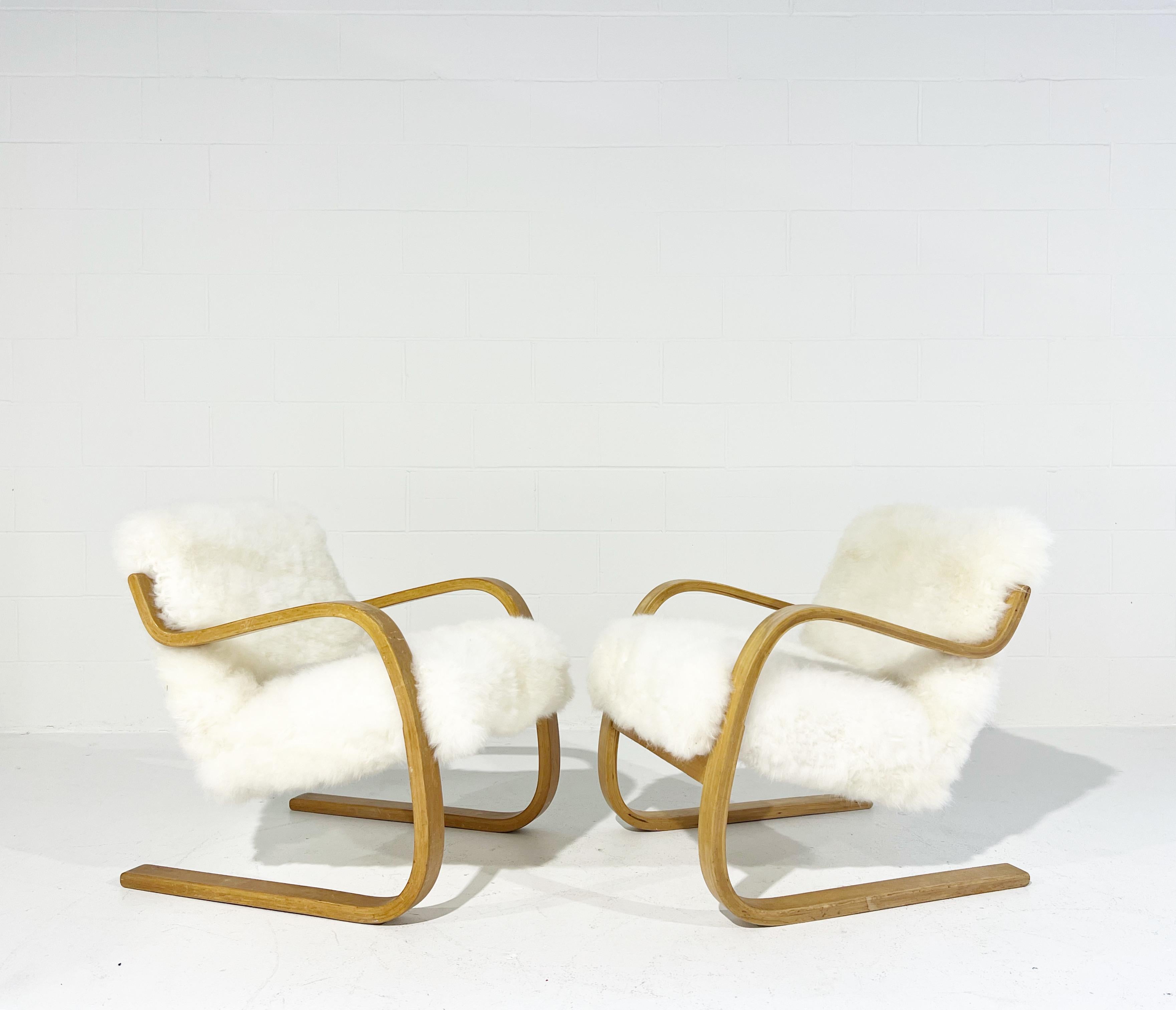 20th Century Alvar Aalto Model 34/402 Chairs in Cashmere Shearling