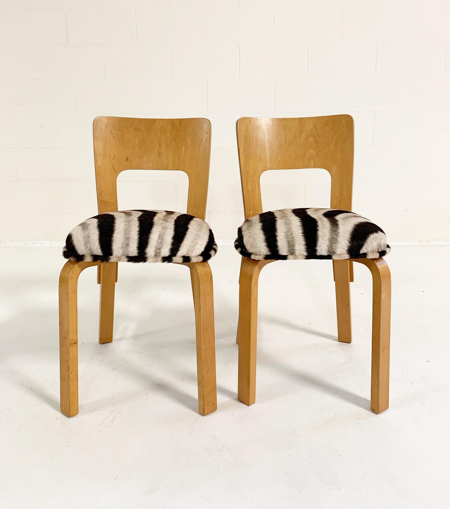 Scandinavian Modern Alvar Aalto Model 66 Chairs in Zebra Hide, Pair