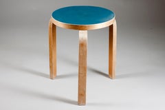 Alvar Aalto original 1950s stool 60 with blue linoleum top for Artek, Finland