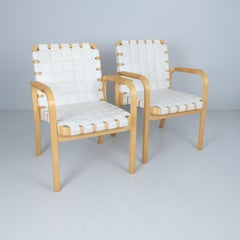 Alvar Aalto Pair of Armchairs 45 in Birch, Rattan, & White Leather, Artek 1970s