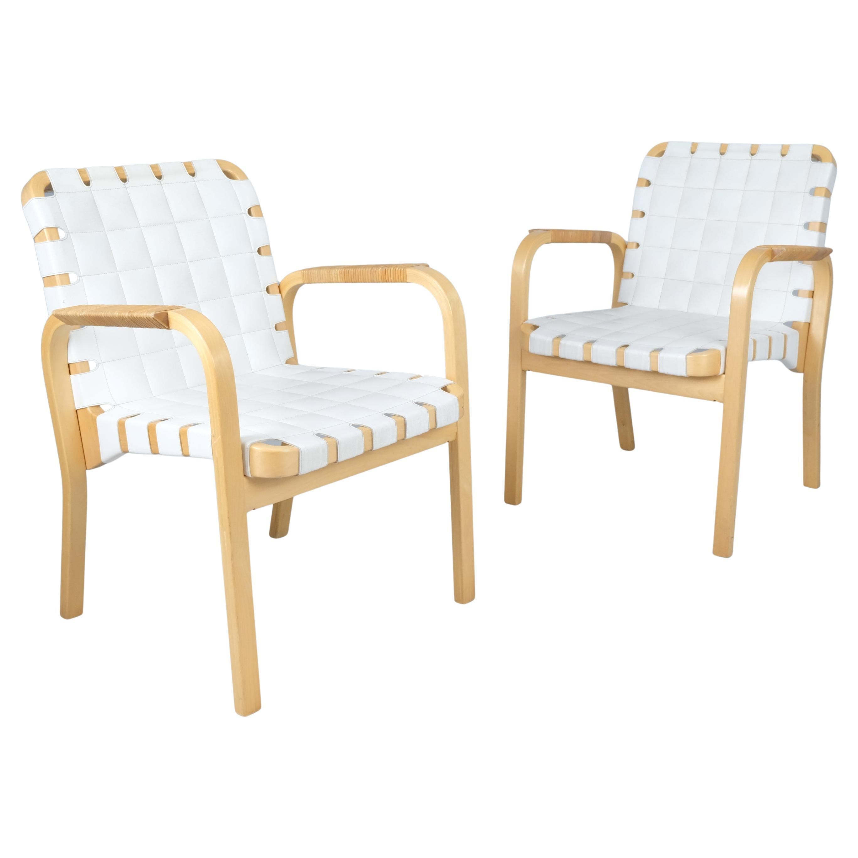 Alvar Aalto Pair of Armchairs 45 in Birch, Rattan, & White Leather, Artek 1970s