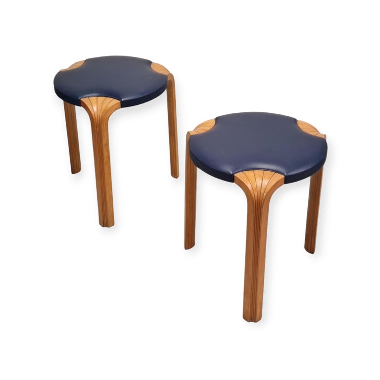 Alvar Aalto pair of Stool X600 in Birch and Blue Leather