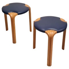 Alvar Aalto pair of Stool X600 in Birch and Blue Leather, Artek, 1950s