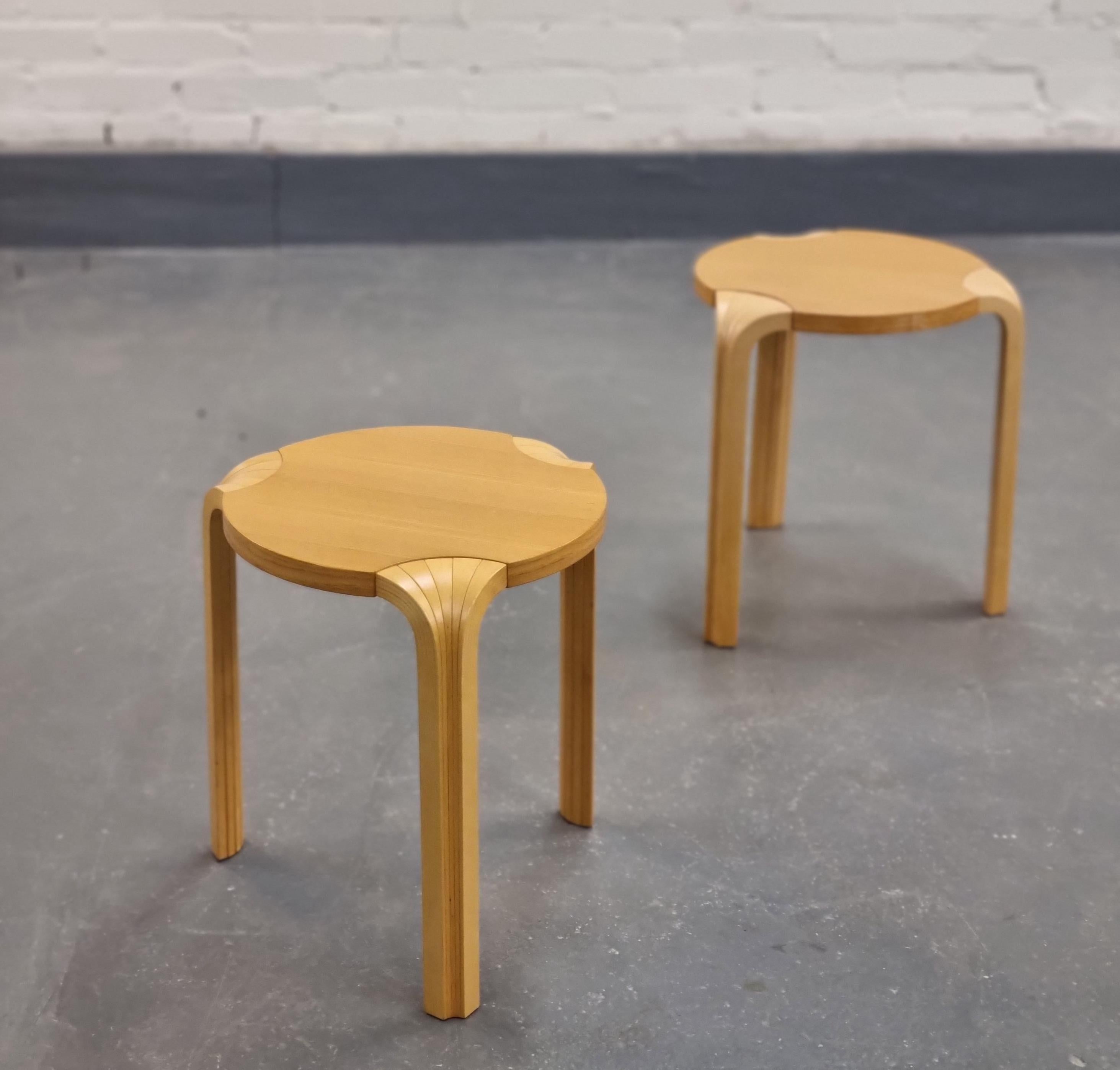 A pair of naturally colored Alvar Aalto' s X600 stools for Artek from 1960s'. The leg of this model is known as the fan shaped. The stool is stackable and thus makes a timeless choice for any demanding space.
Some marks and signs of wear, but