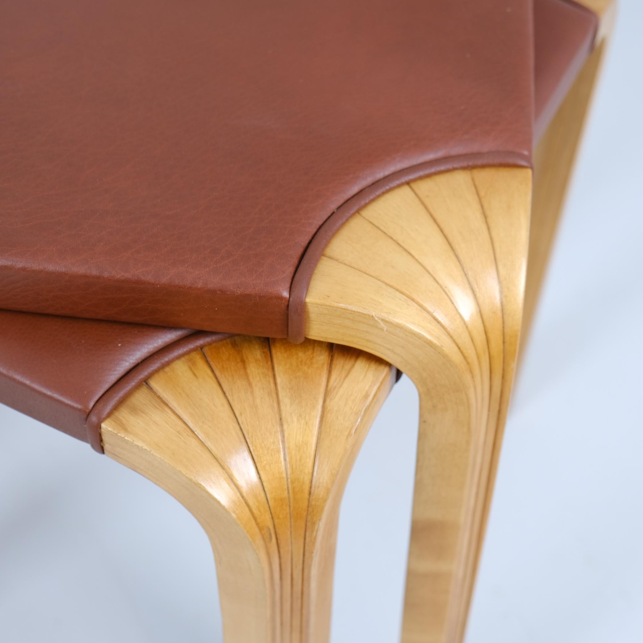 Alvar Aalto, Pair of X601 Stools with Fan Legs & Brown Leather, Artek 1960s For Sale 2