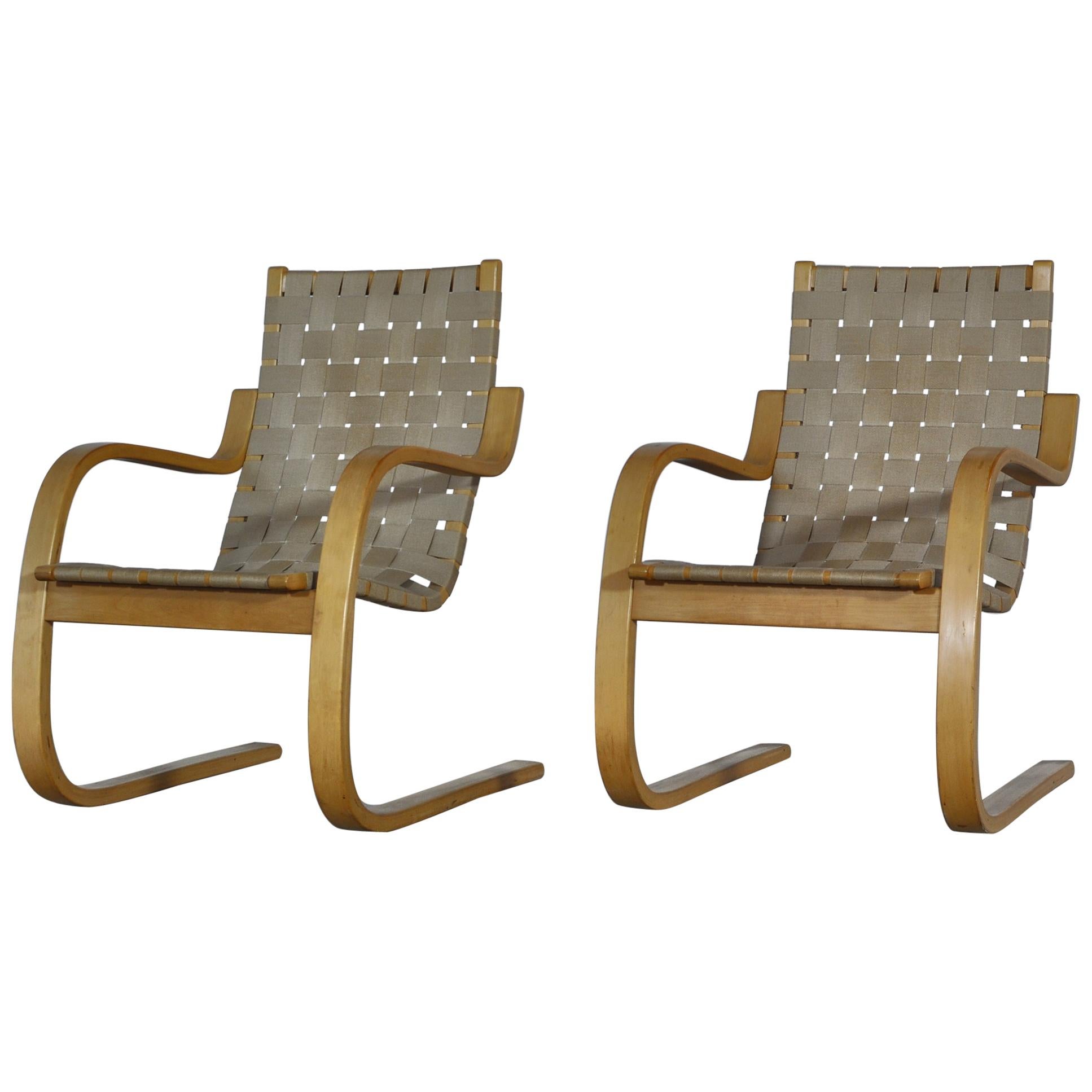 Alvar Aalto Scandinavian Modern Lounge Chairs Model 406 in Birch by Artek, 1960s