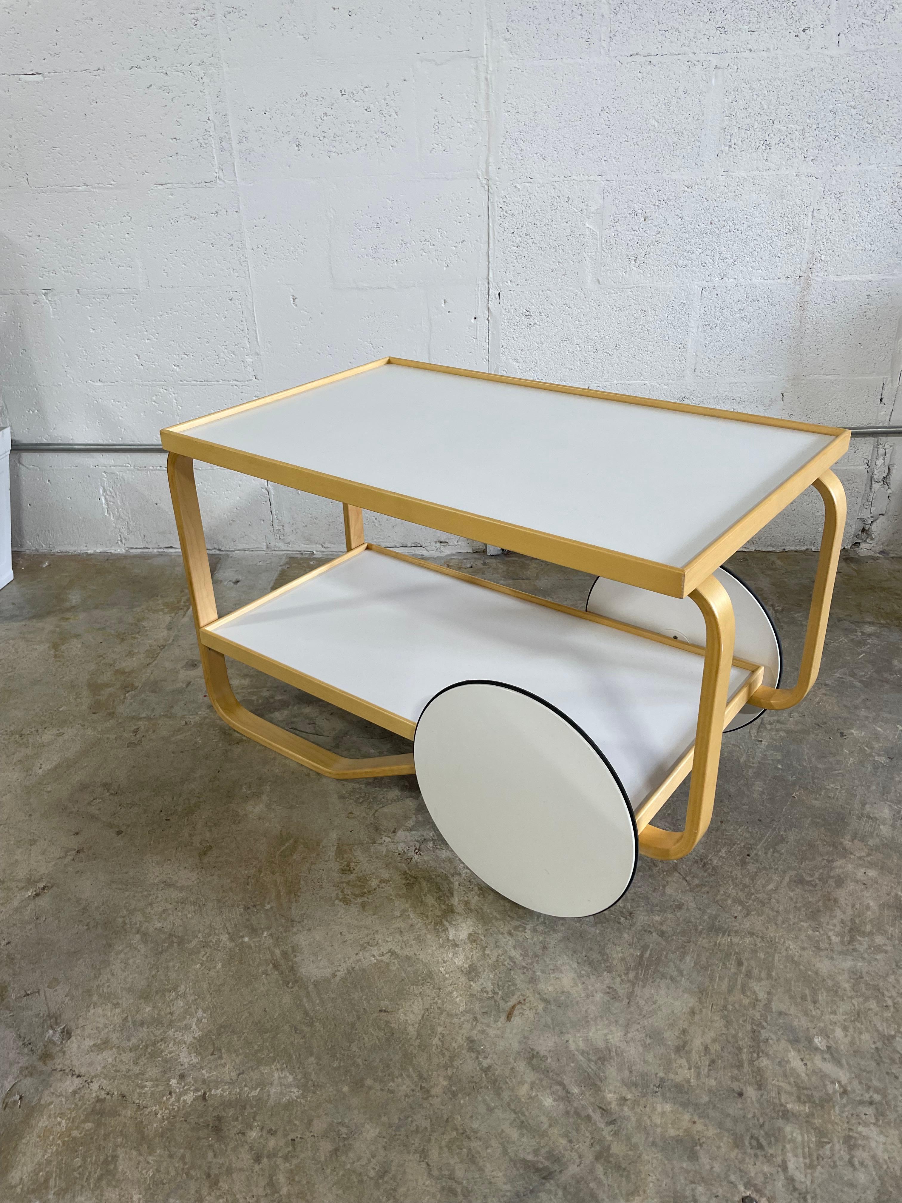901 Serving Trolley by Alvar Aalto. Authentic, stamp on bottom. 90s. Birchwood frame and linoleum covered trays. 35w 20d 20h