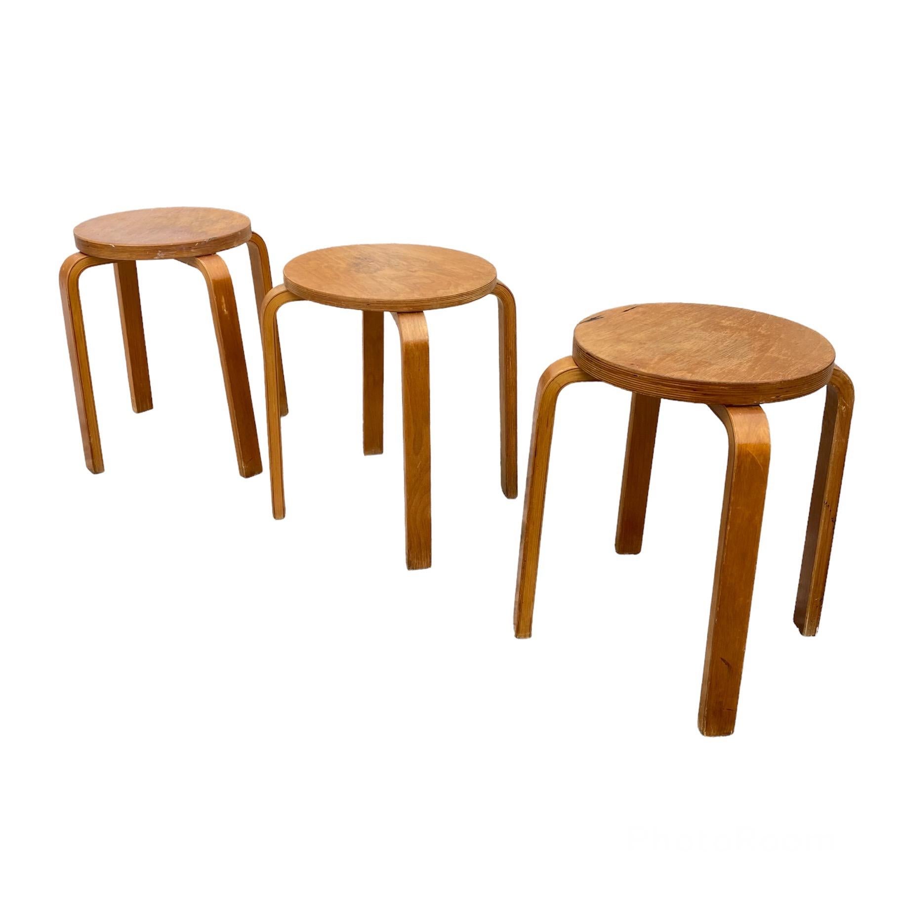 Alvar Aalto set of 3 Birch Stools for Artek, Finland, 1960
 
Iconic set of 3 Stools designed by Alvar Aalto for Artek in the 1960's.
Perfect vintage conditions, slight signs of age and use.
 
Dimensions:
 
H: 46cm
D: 35cm 