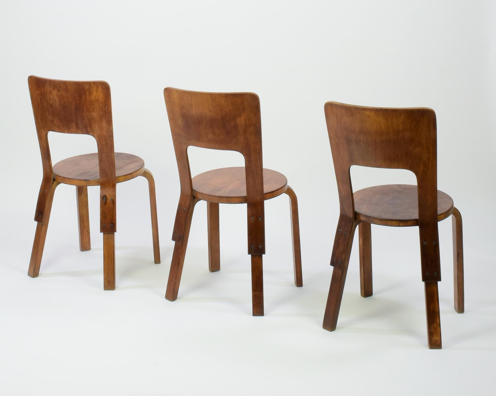 Finnish Alvar Aalto, Set of 3 Model 66 Chairs, 1933, Original Early Production