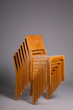Alvar Aalto, set of 6 c. 1940's model 611 chairs with great honey patina