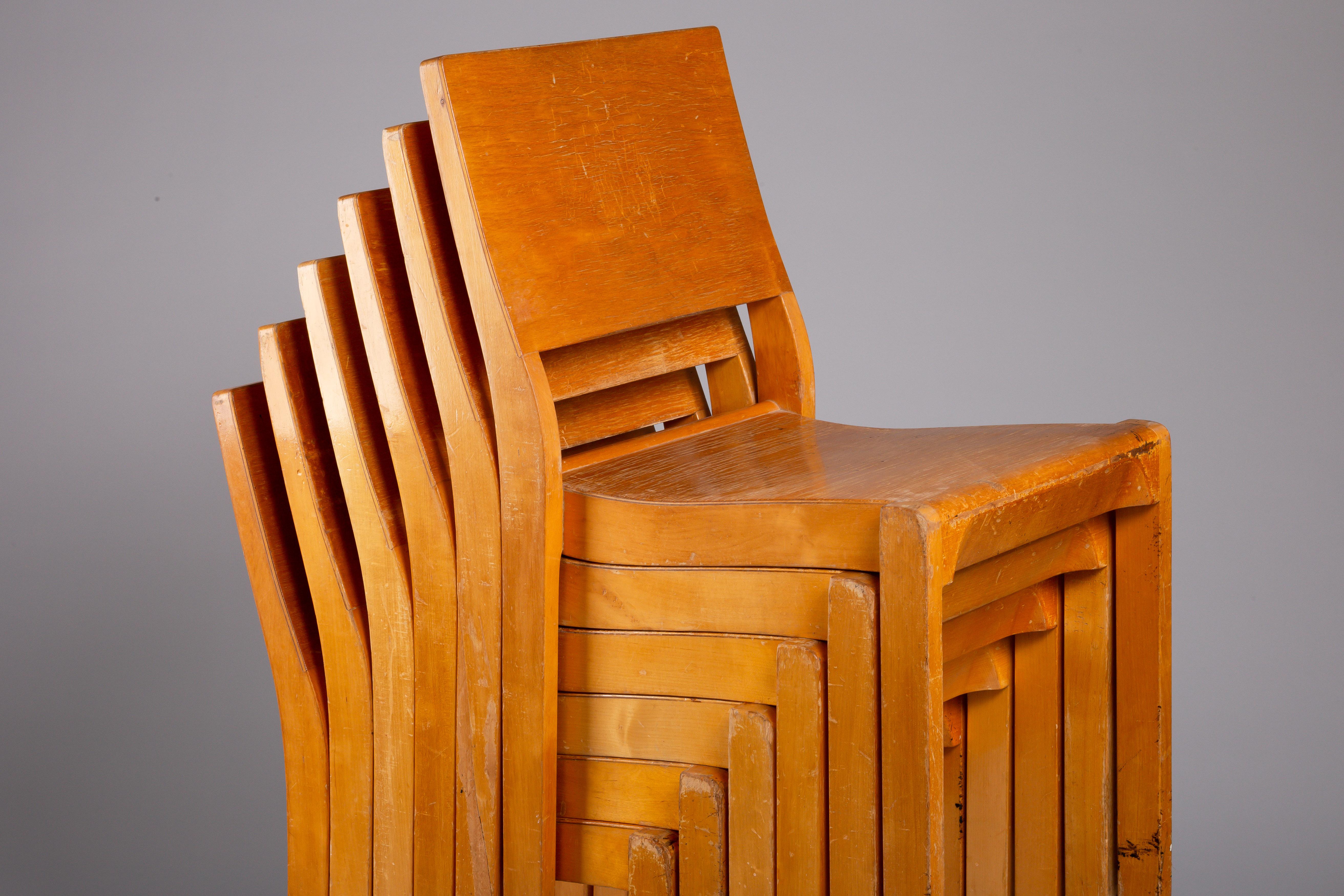Finnish Alvar Aalto, set of 6 c. 1940's model 611 chairs with great honey patina