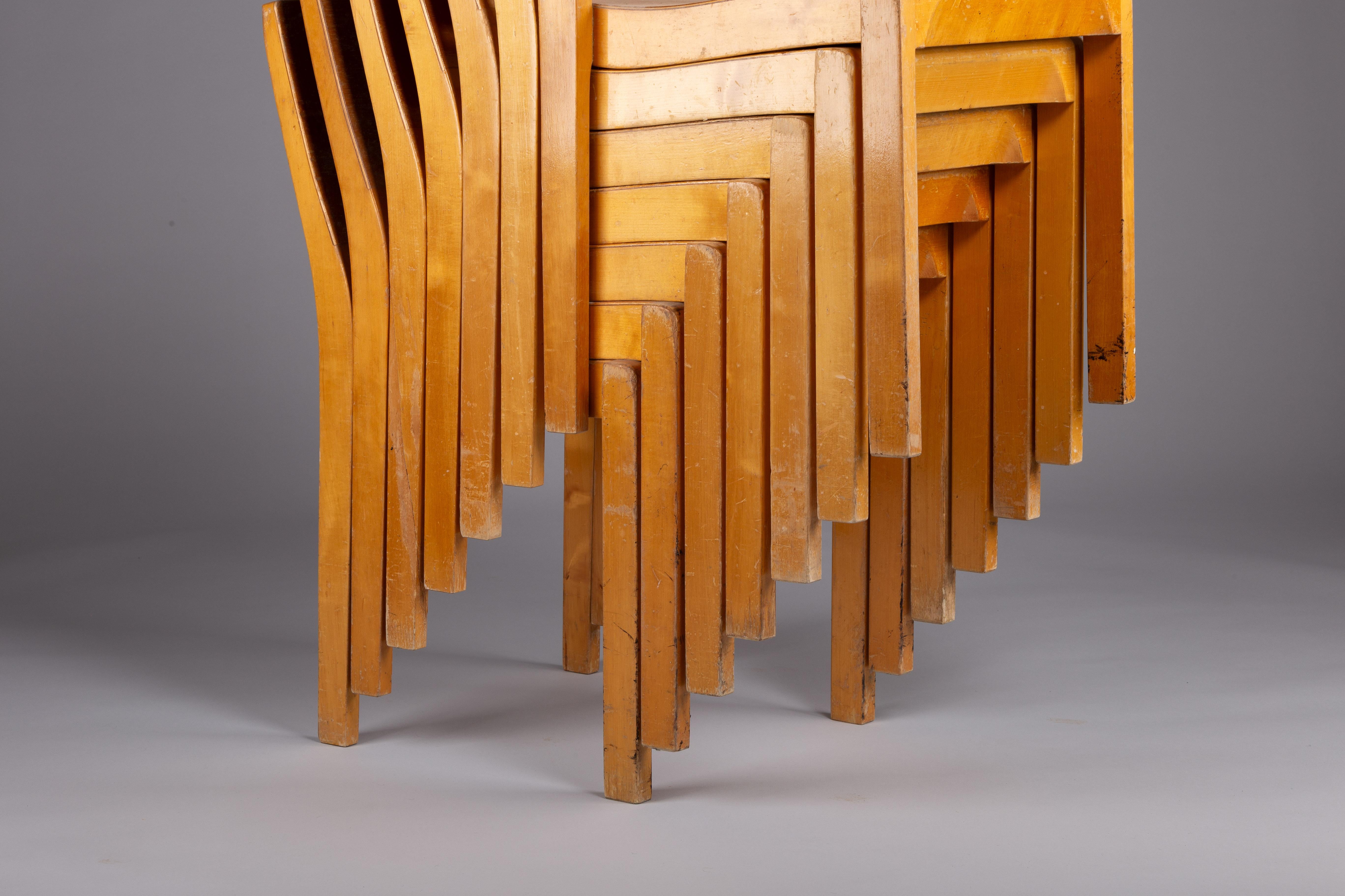 Lacquered Alvar Aalto, set of 6 c. 1940's model 611 chairs with great honey patina